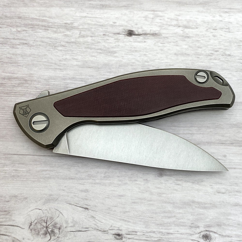 SHIROGOROV F95NL - ELMAX BLADE - STONEWASHED TITANIUM HANDLE W- MAROON MICARTA INLAY- SRB