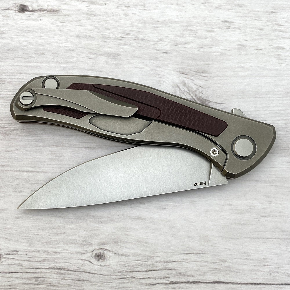 SHIROGOROV F95NL - ELMAX BLADE - STONEWASHED TITANIUM HANDLE W- MAROON MICARTA INLAY- SRB