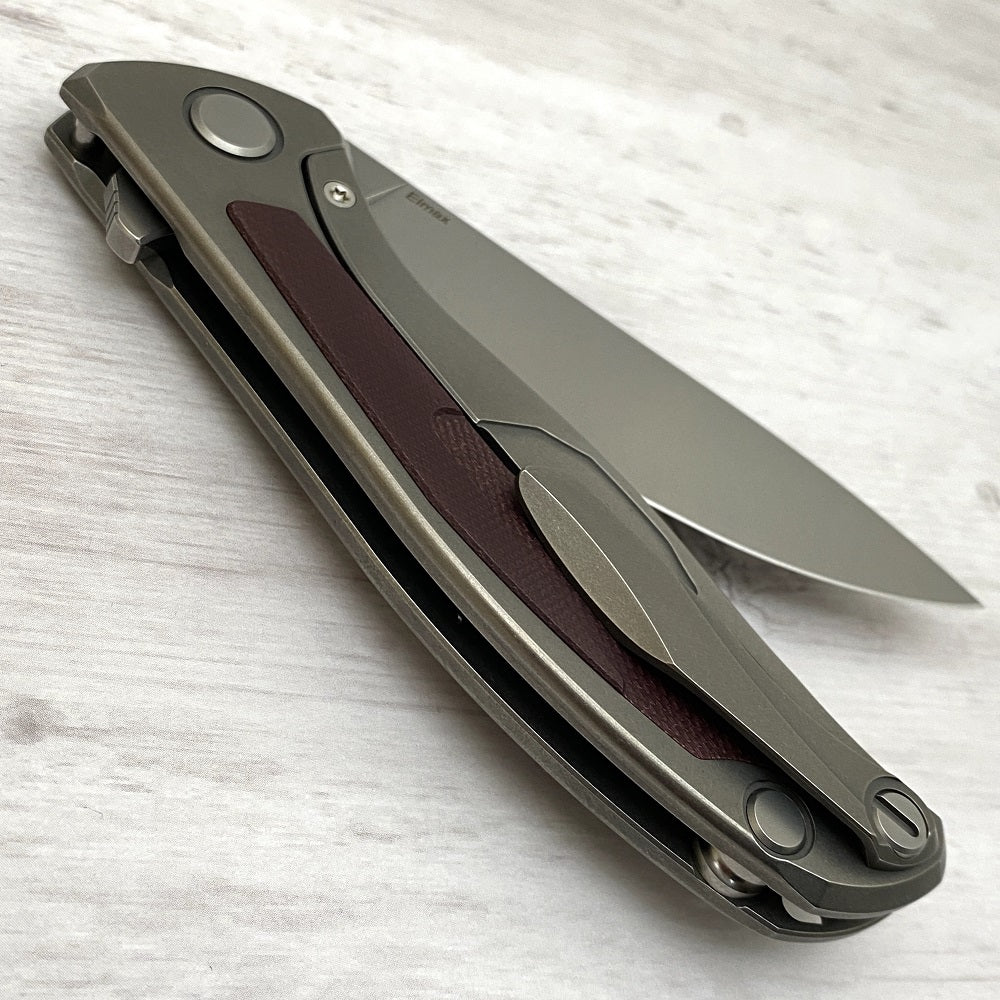 SHIROGOROV F95NL - ELMAX BLADE - STONEWASHED TITANIUM HANDLE W- MAROON MICARTA INLAY- SRB