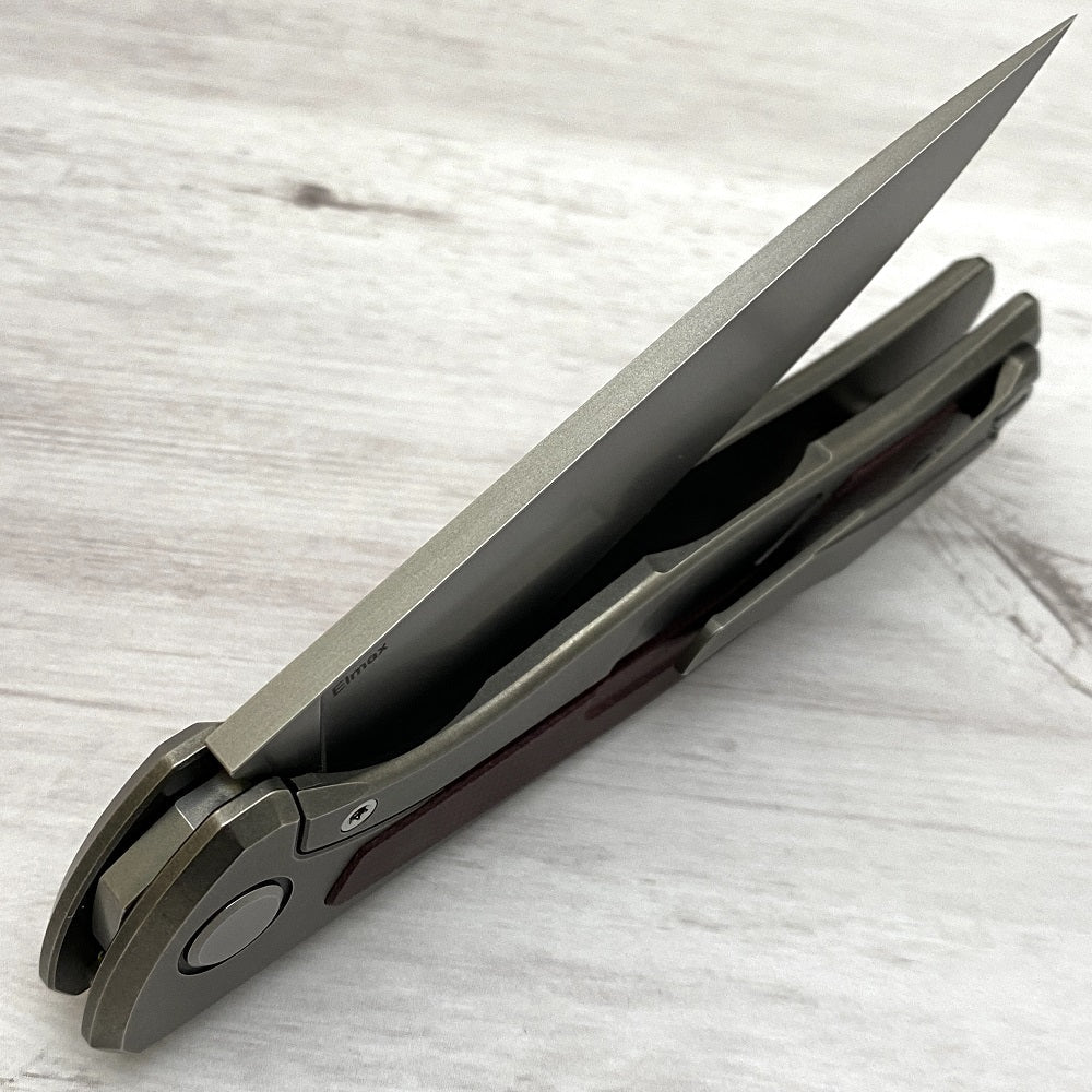 SHIROGOROV F95NL - ELMAX BLADE - STONEWASHED TITANIUM HANDLE W- MAROON MICARTA INLAY- SRB