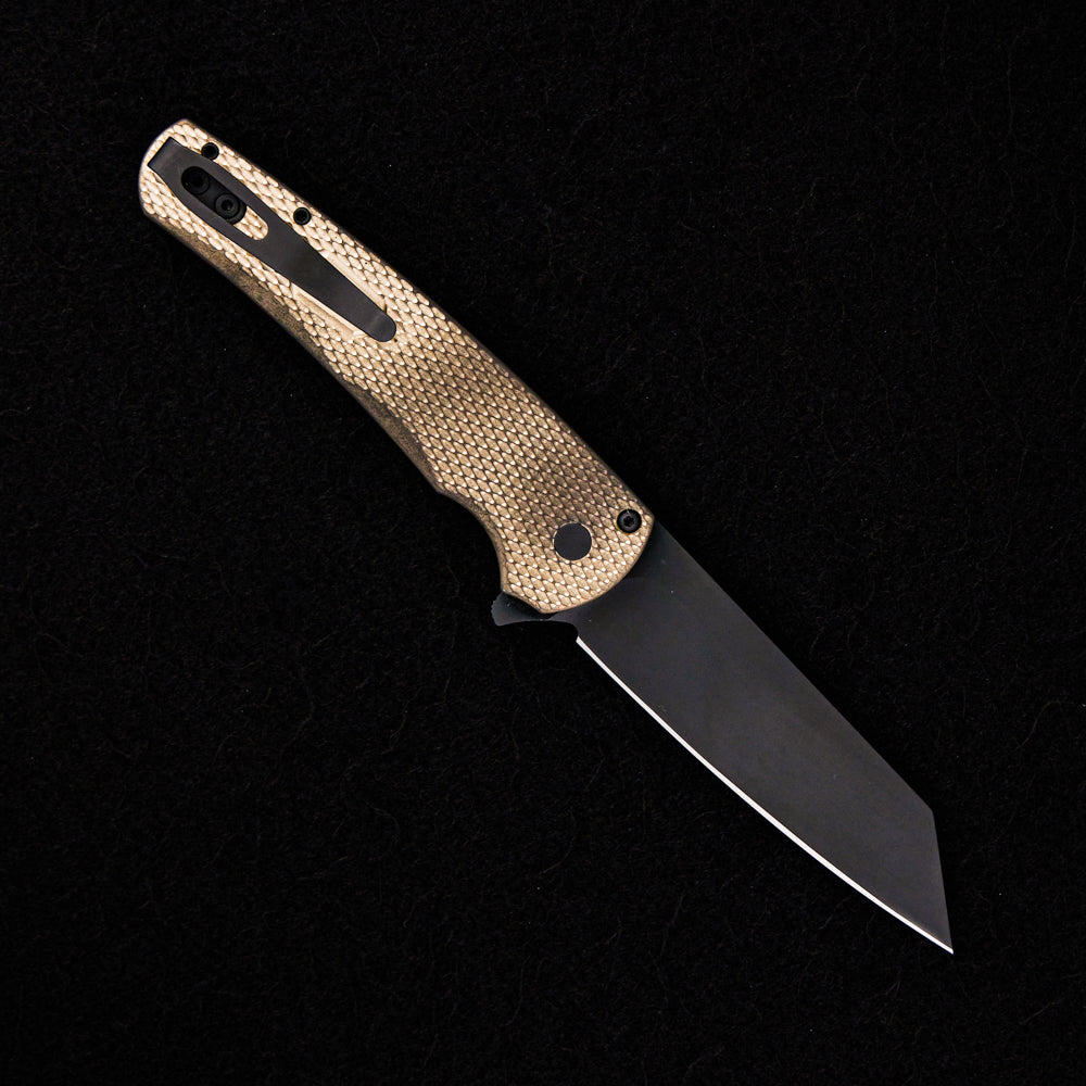 Pro-Tech Knives Malibu Flipper Ltd. – Textured Bronze AL Handle – DLC Black 20CV Reverse Tanto Blade – Mosaic Button – 5213