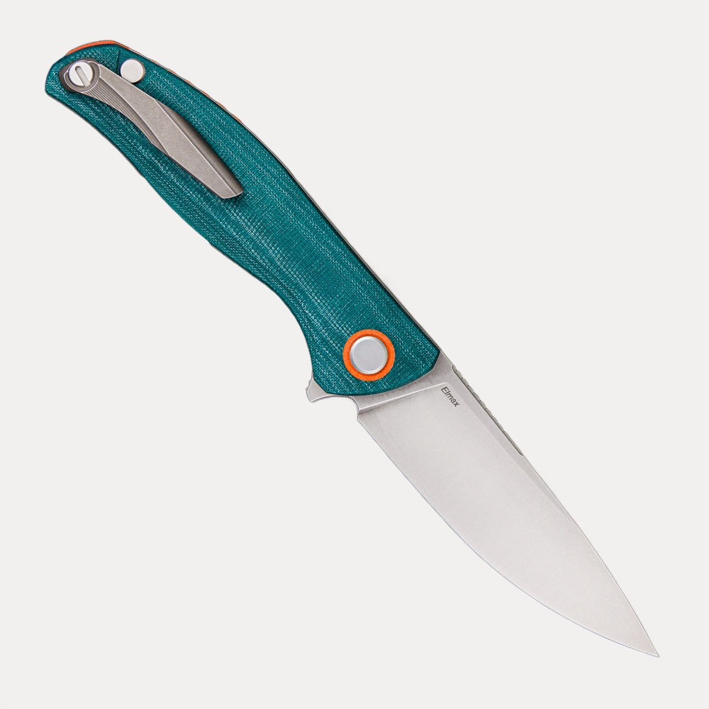 SHIROGOROV F3 – ELMAX BLADE – EMERALD MICARTA HANDLE W/ ORANGE G10 ACCENTS – MRBS