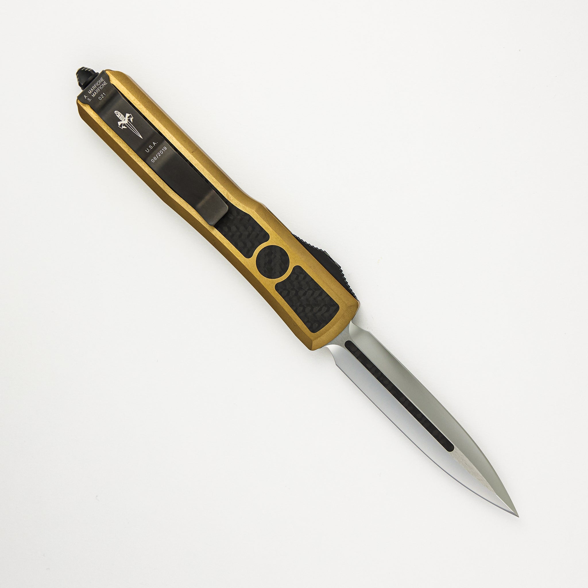 Marfione Custom Knives Ultratech - D/E Mirror Polish W/ Carbon Fiber Inlay - Two-Tone Brass W/ Carbon Fiber Inlay S/N 021