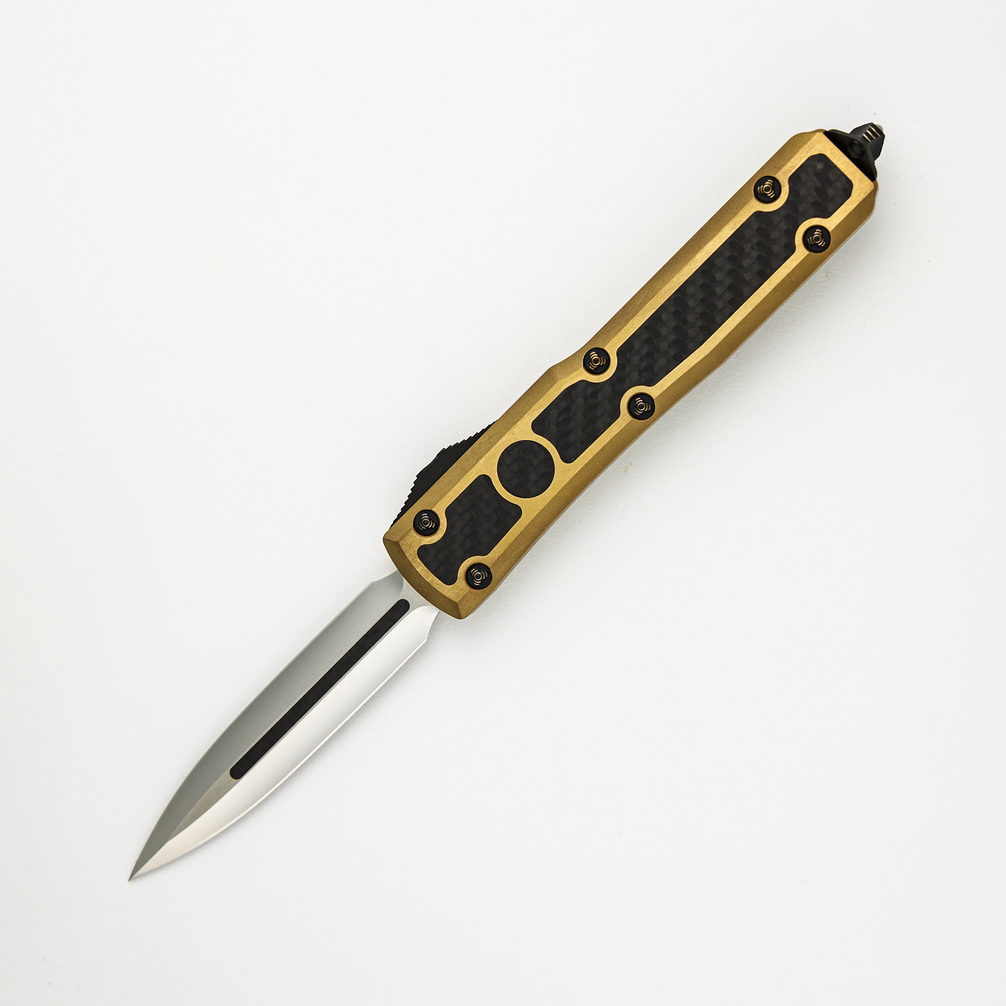 Marfione Custom Knives Ultratech - D/E Mirror Polish W/ Carbon Fiber Inlay - Two-Tone Brass W/ Carbon Fiber Inlay S/N 021