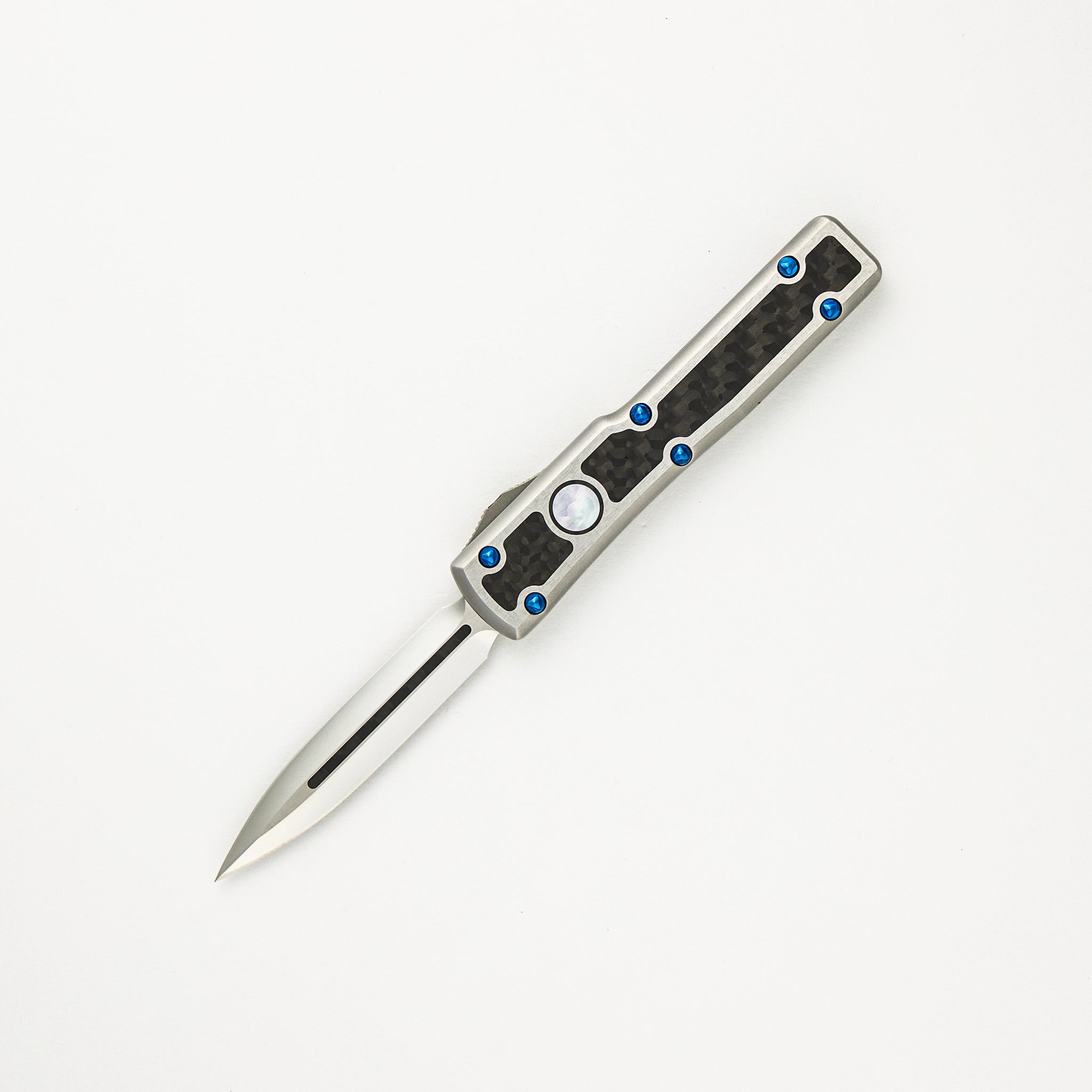Marfione Custom Knives UTX-70 - D/E Mirror Polish Blade W/ Carbon Fiber Inlay - Stainless Steel Handle W/ Carbon Fiber and Pearl Inlays