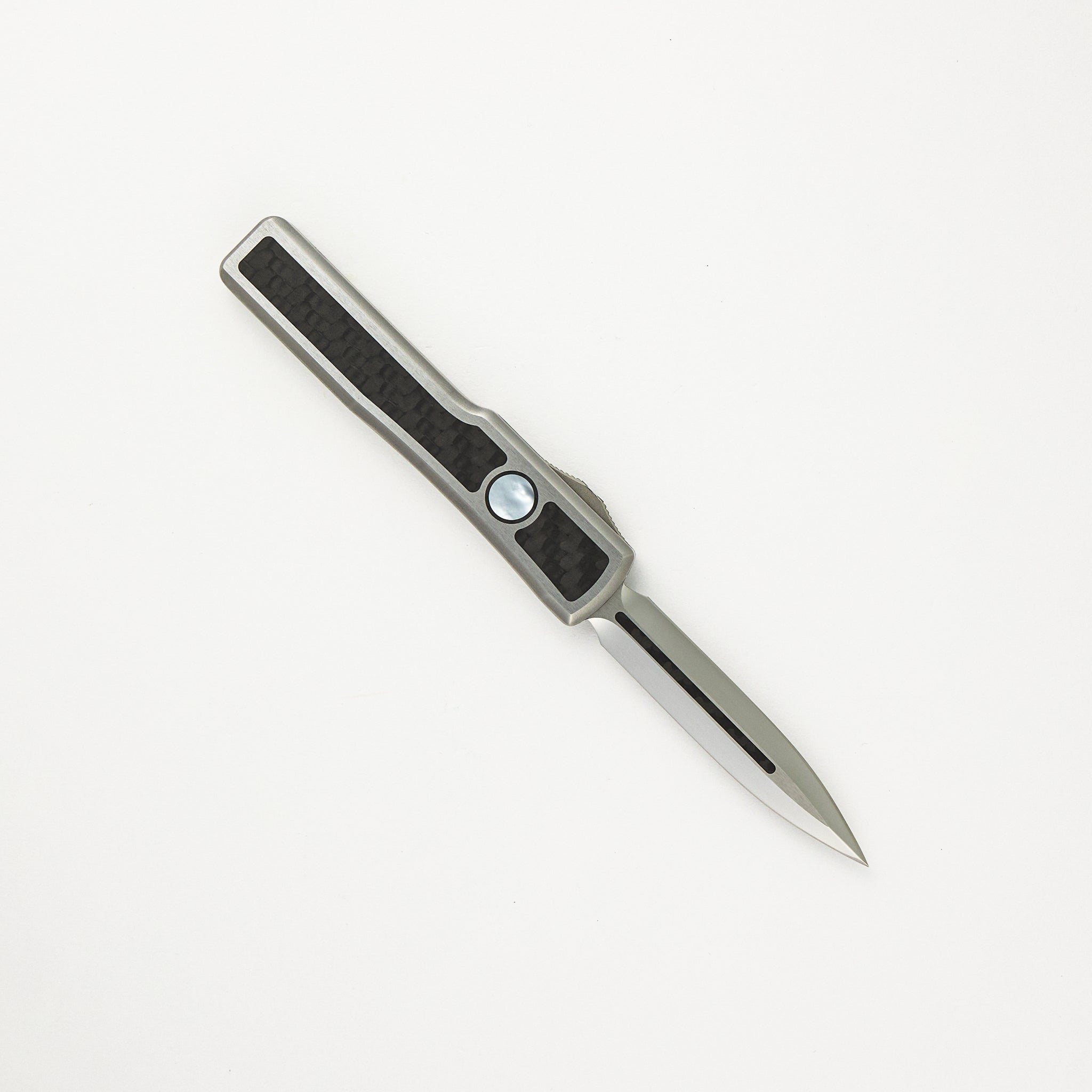 Marfione Custom Knives UTX-70 - D/E Mirror Polish Blade W/ Carbon Fiber Inlay - Stainless Steel Handle W/ Carbon Fiber and Pearl Inlays