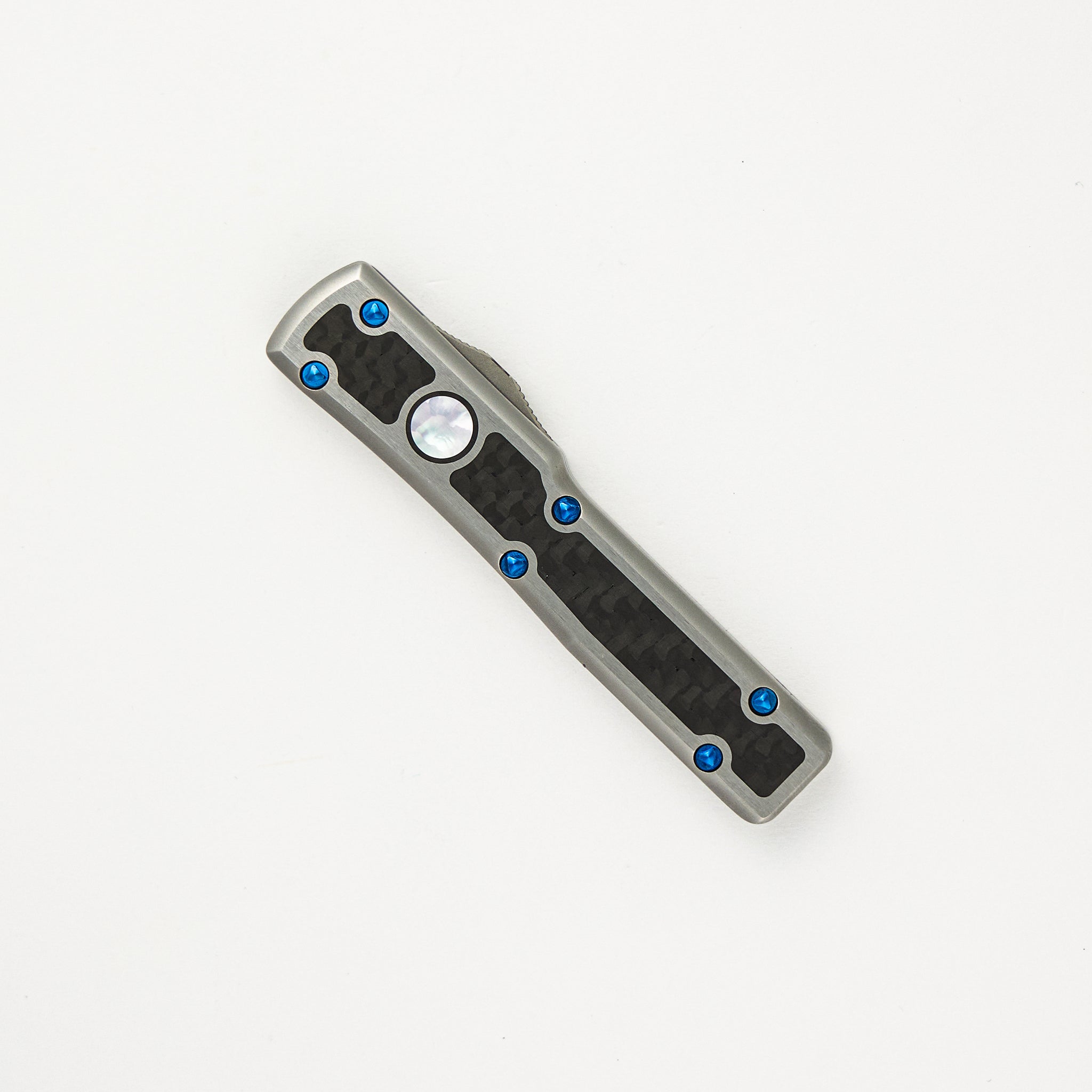 Marfione Custom Knives UTX-70 - D/E Mirror Polish Blade W/ Carbon Fiber Inlay - Stainless Steel Handle W/ Carbon Fiber and Pearl Inlays