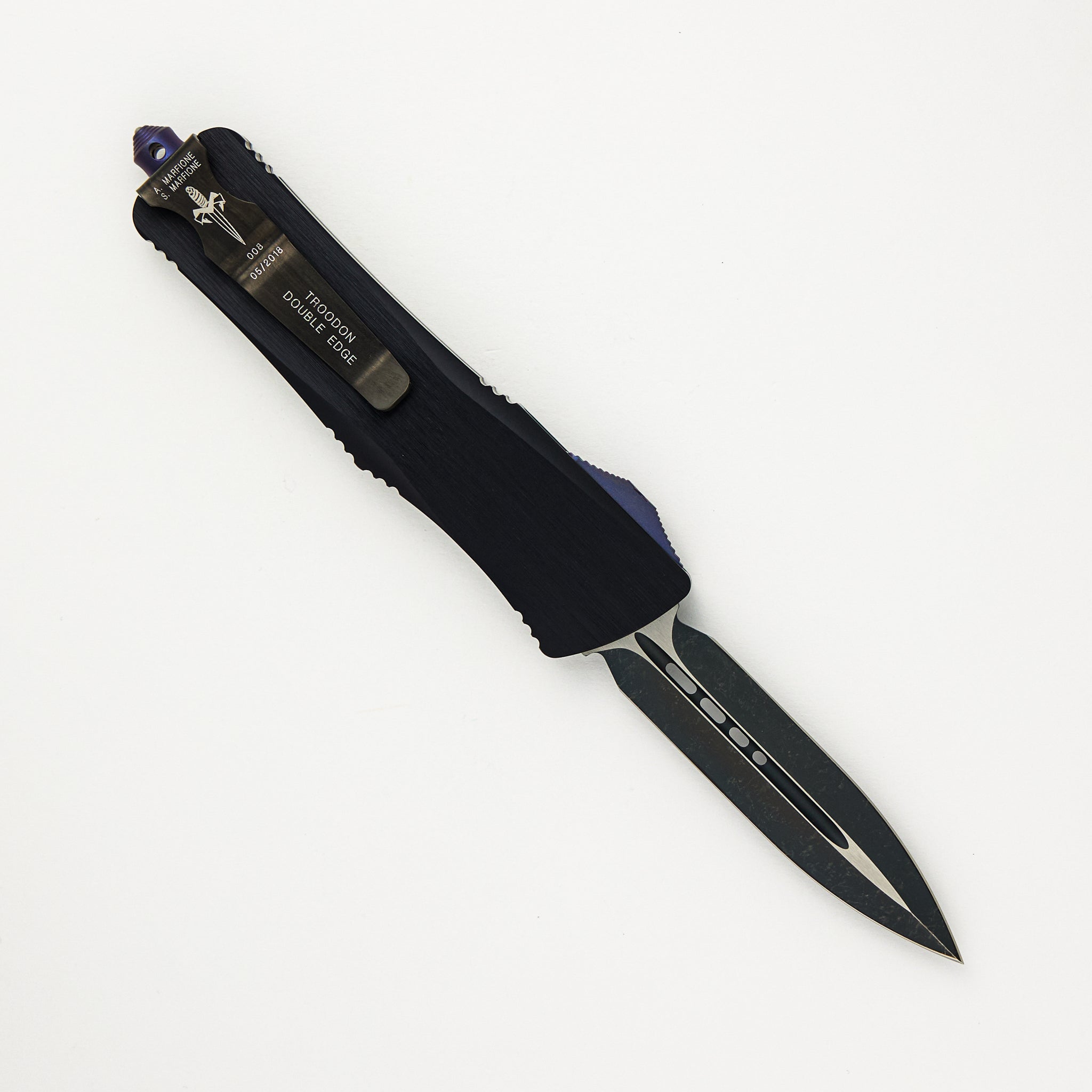 Marfione Custom Knives Troodon - D/E Two-Tone Finish Blade - Black Hefted Alloy Handle