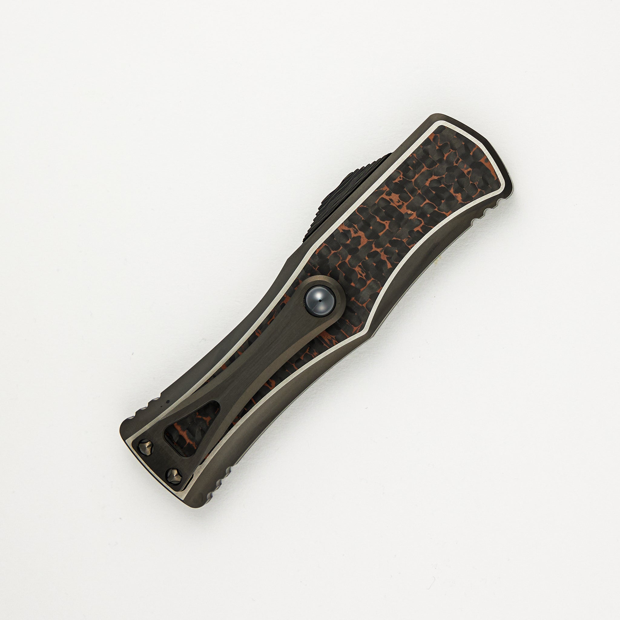 Marfione Custom Knives Hera - D/E Hot Blued Mosaic Blade - DLC Titanium/Snakeskin Copper Fat Carbon - S/N 011