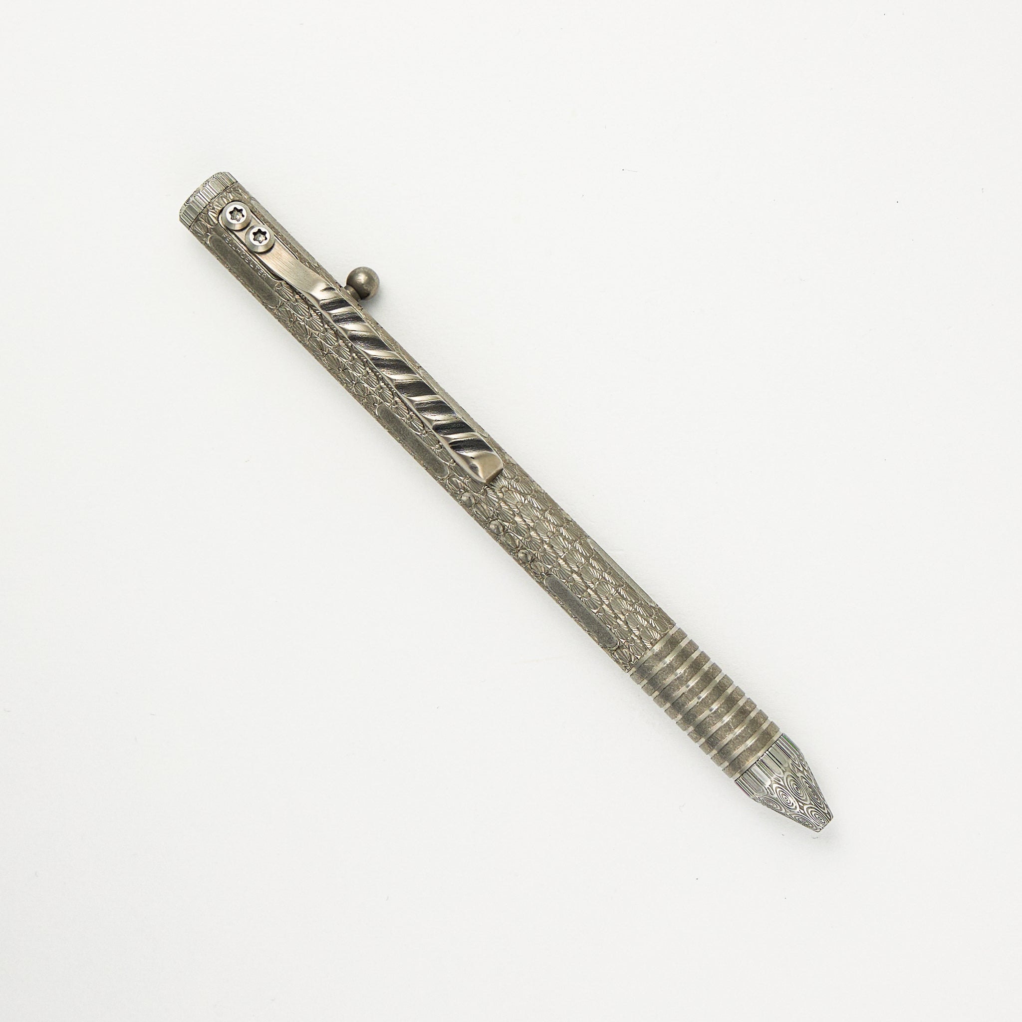 Full Size TiBolt Pen - David Riccardo Hand Engraved Titanium/Damasteel