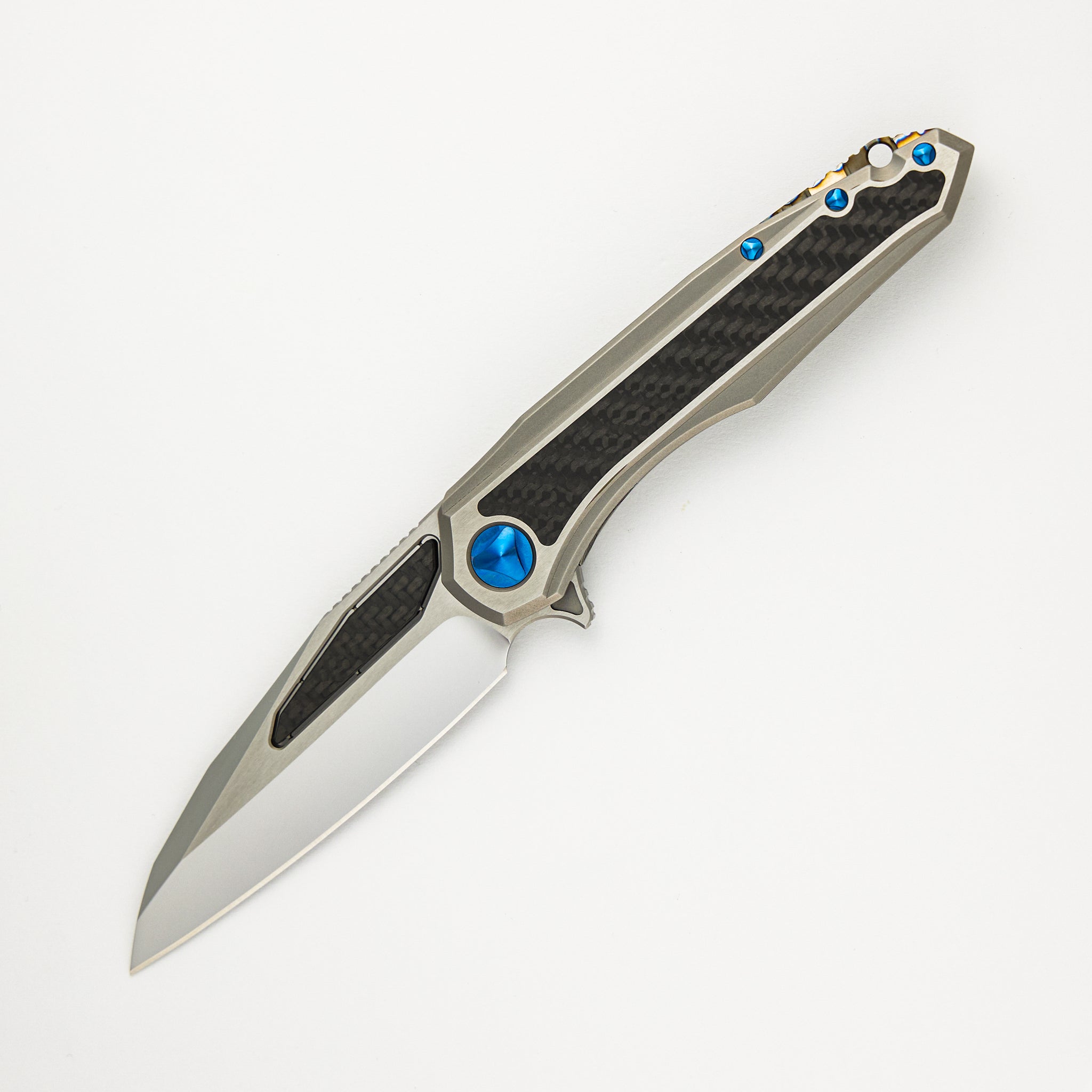 Marfione Custom Knives Super Sigil MK6 - Mirror Polish / Carbon Fiber Inlay M390 - Two-Tone Double Vapor Blast Ti W/ Carbon Fiber Inlay S/N 008