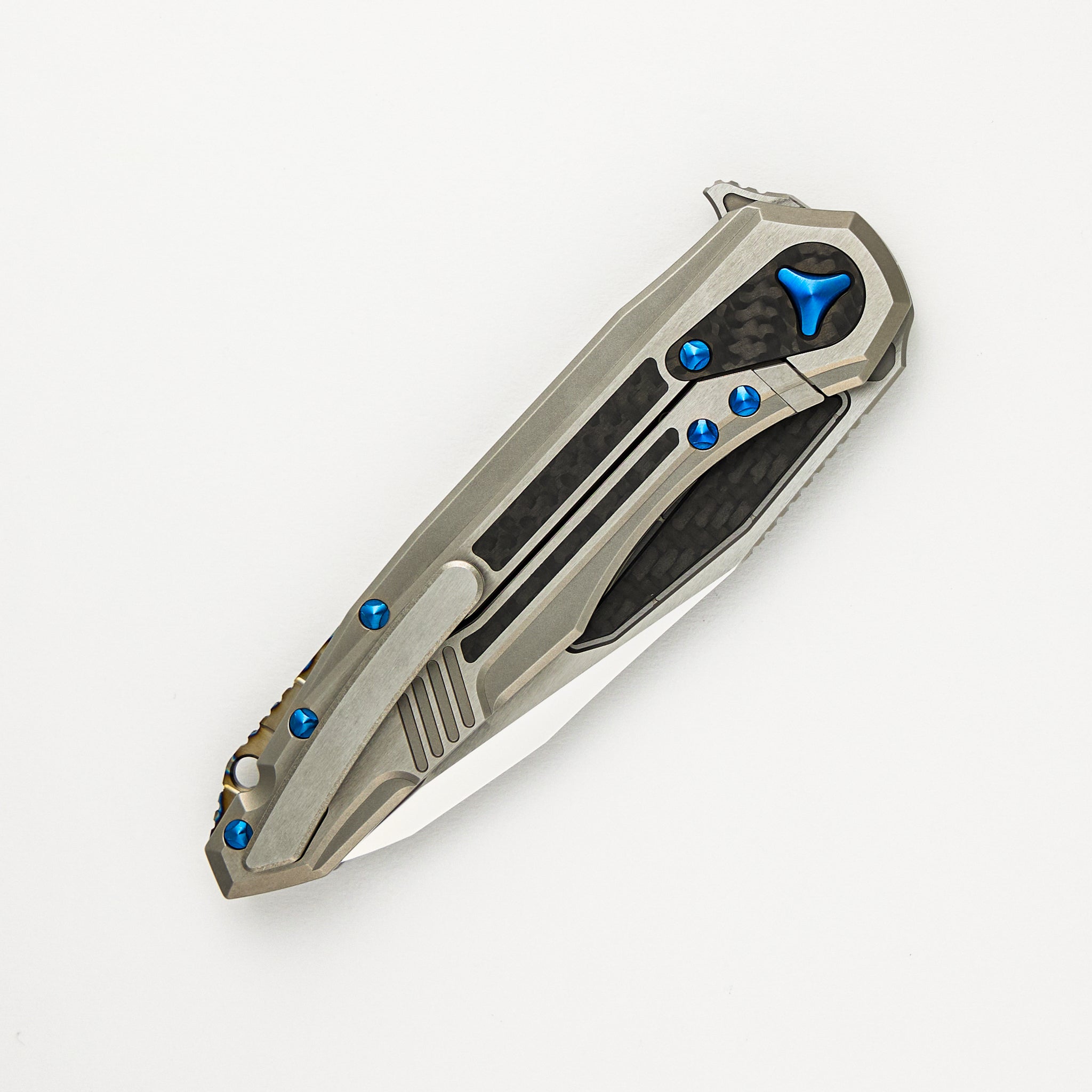 Marfione Custom Knives Super Sigil MK6 - Mirror Polish / Carbon Fiber Inlay M390 - Two-Tone Double Vapor Blast Ti W/ Carbon Fiber Inlay S/N 008