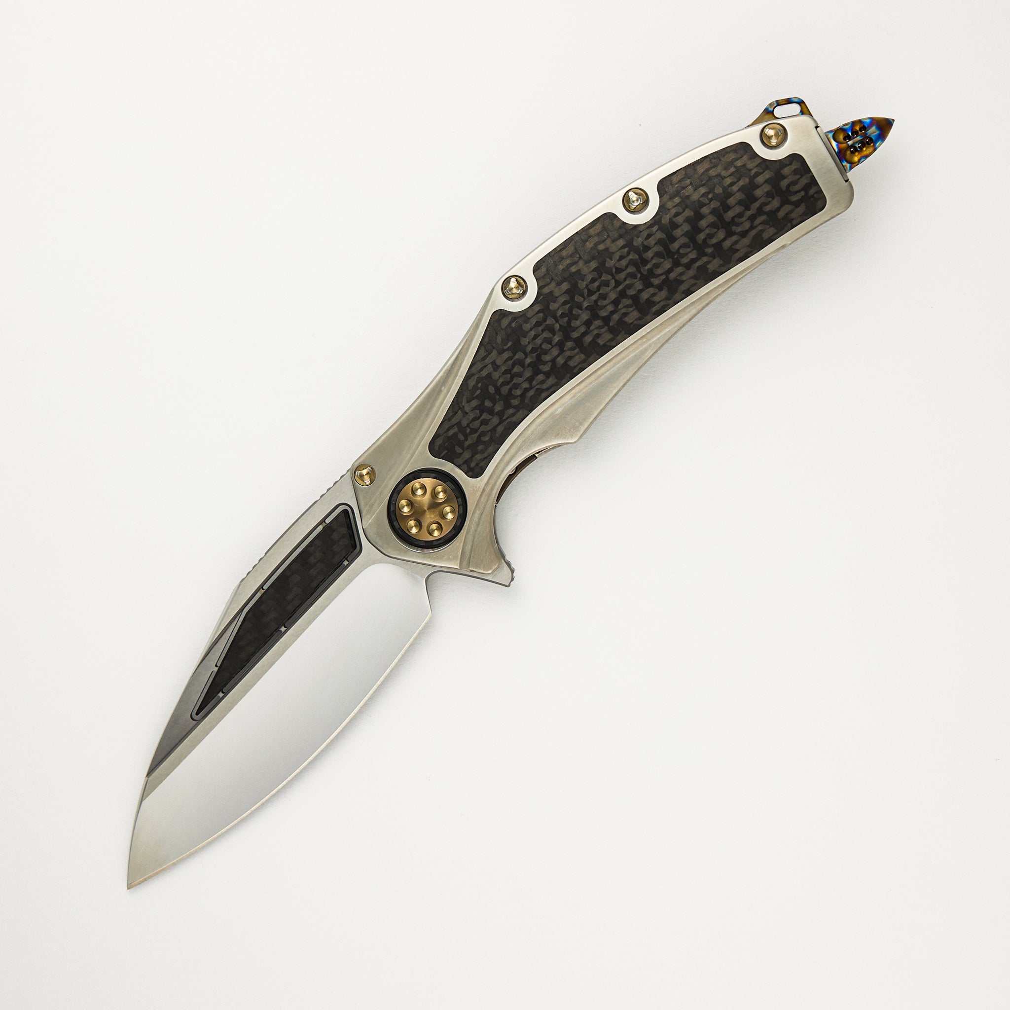 Marfione Custom Knives Super Matrix - R - Mirror Polish W/ Carbon Fiber Inlay - Hand Rub Satin Titanum W/ Carbon Fiber Inlay S/N 003
