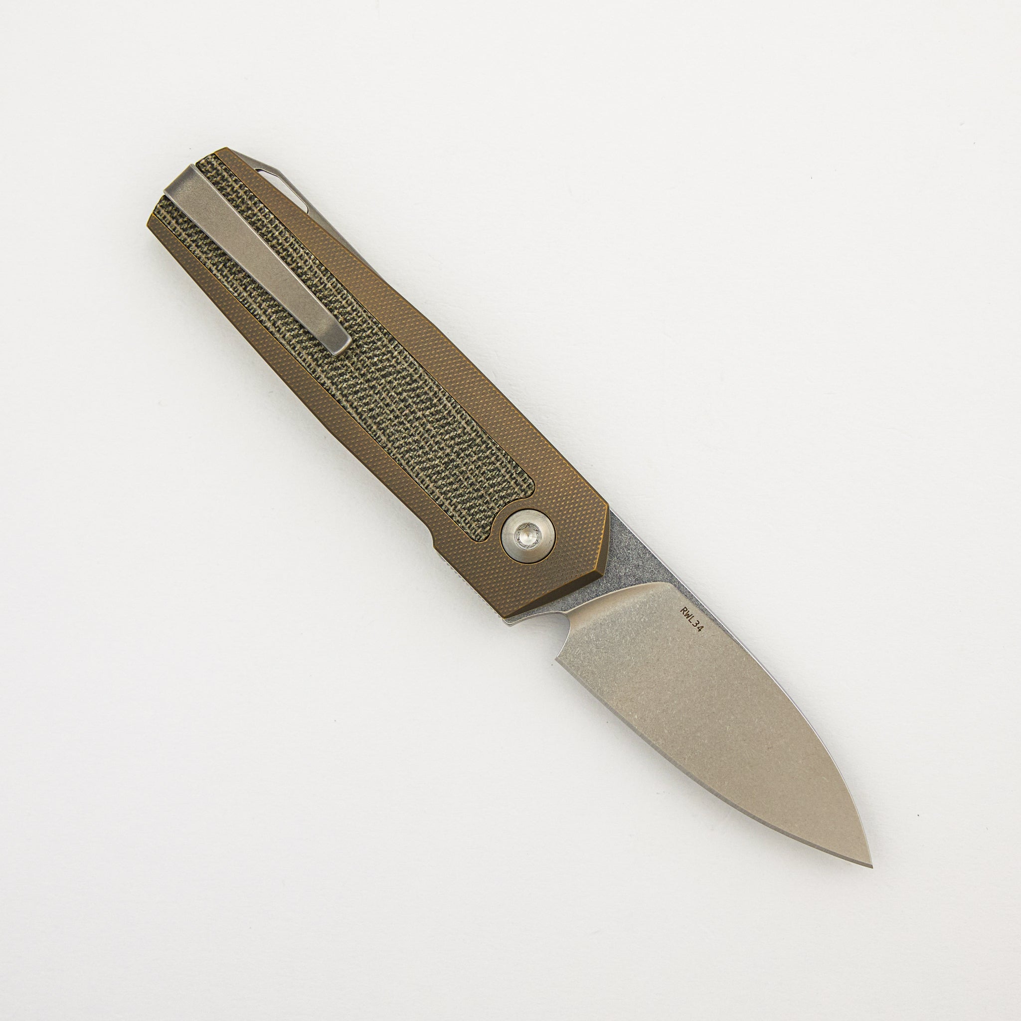 ARN - Amber/Satin - Titanium Handle - Green Canvas Micarta Inlays - RWL34 Blade - #125