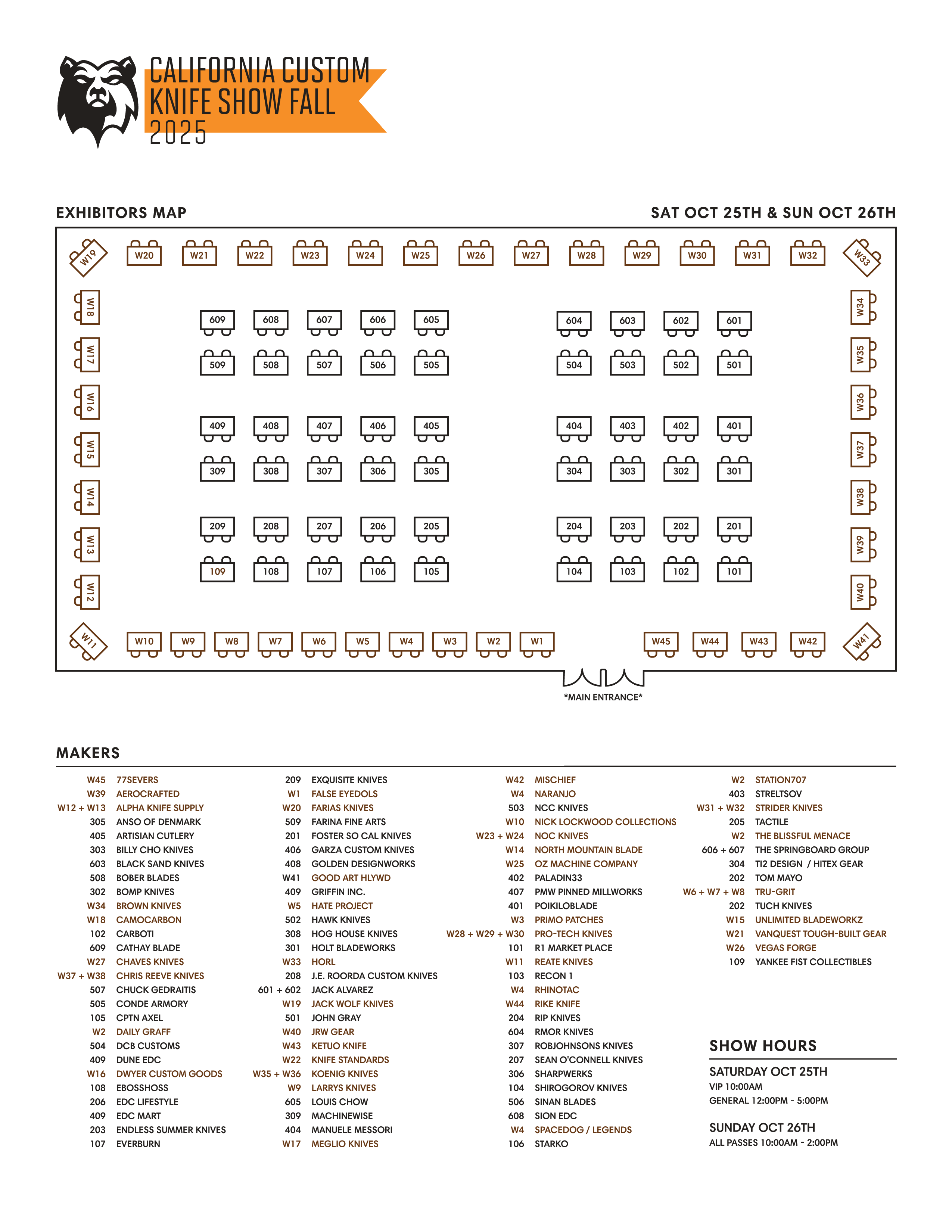 Exhibitors map for California Custom Knife Show Fall 2023 with list of makers and show hours.