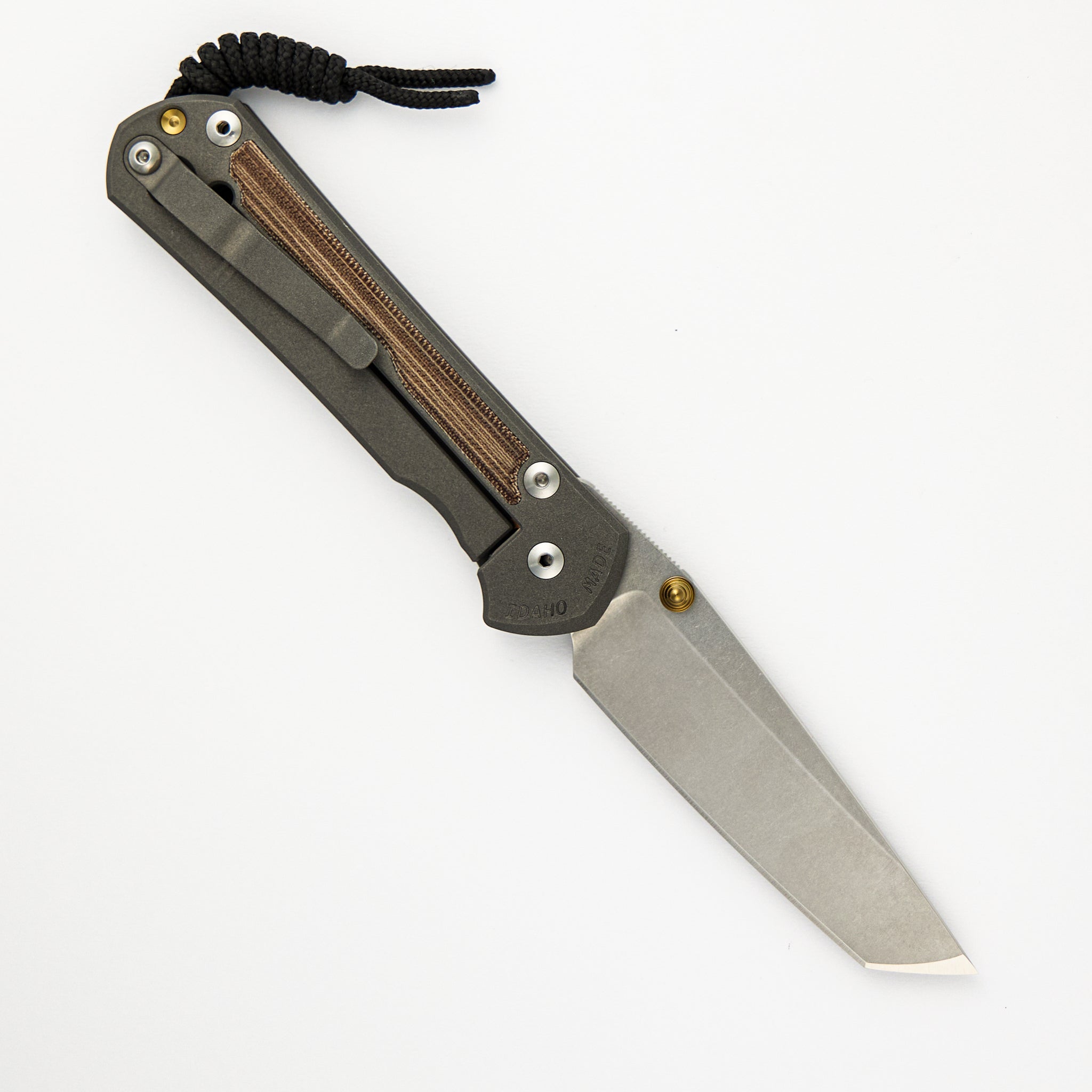 CHRIS REEVE LARGE SEBENZA 31 NATURAL CANVAS MICARTA INLAY – TANTO CPM MAGNACUT BLADE – GOLD DOUBLE THUMB LUGS