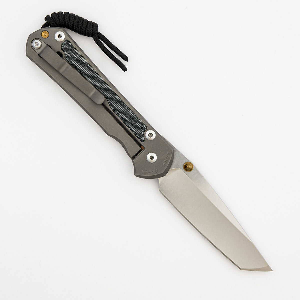 Large Sebenza 31 Black Canvas Micarta Inlay - Tanto CPM MagnaCut Blade - Glass Blasted - Gold Double Thumb Lugs
