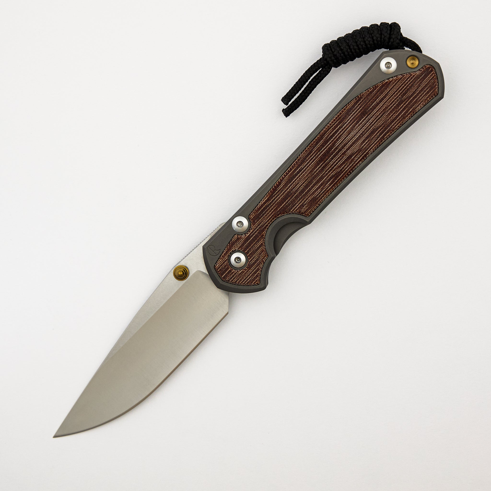 Large Sebenza 31 - Natural Canvas Micarta Inlay - Drop Point Polished CPM MagnaCut Blade - Glass Blasted - Gold Double Thumb Lugs