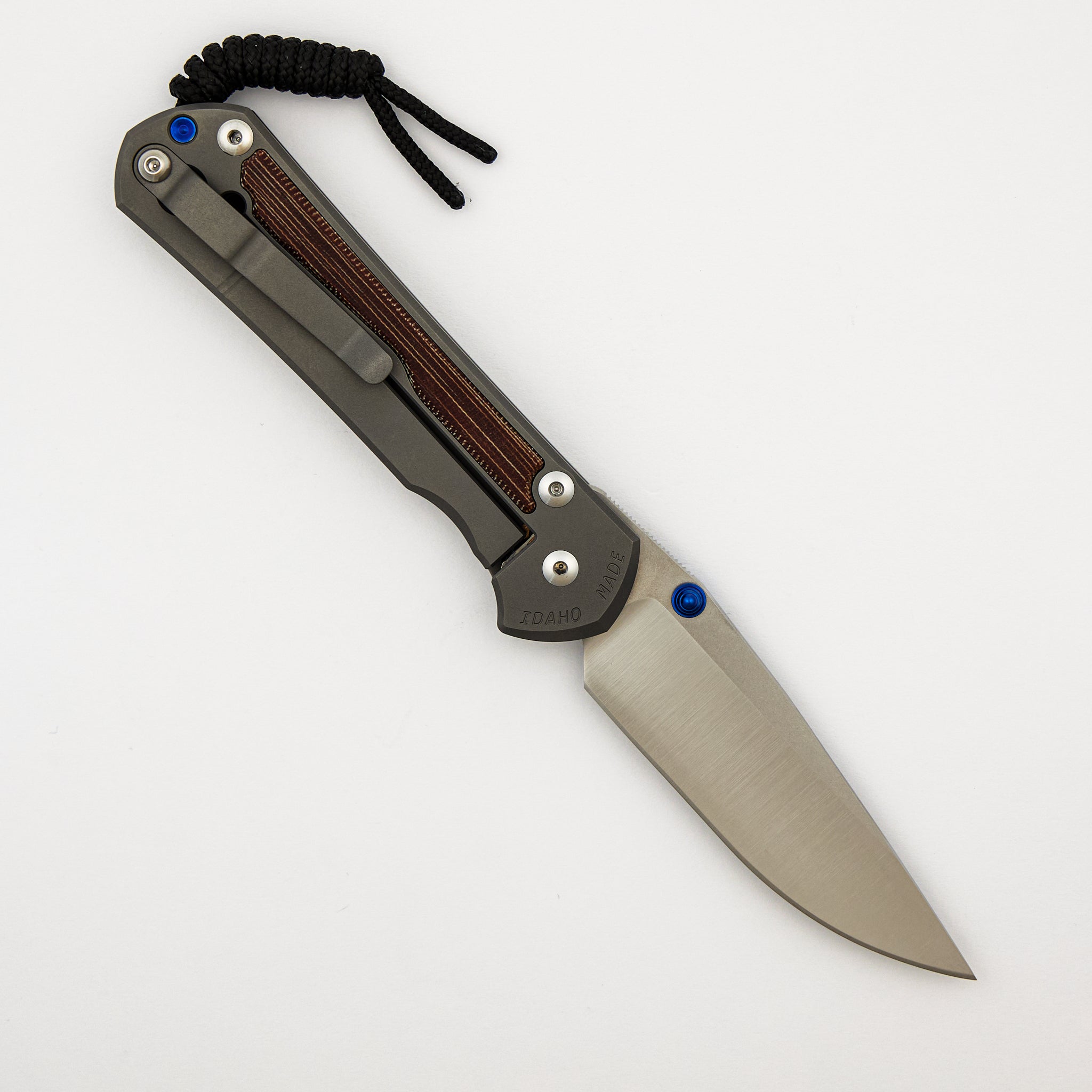 Large Sebenza 31 - Natural Canvas Micarta Inlay - Drop Point Polished CPM MagnaCut Blade - Glass Blasted - Blue Double Thumb Lugs