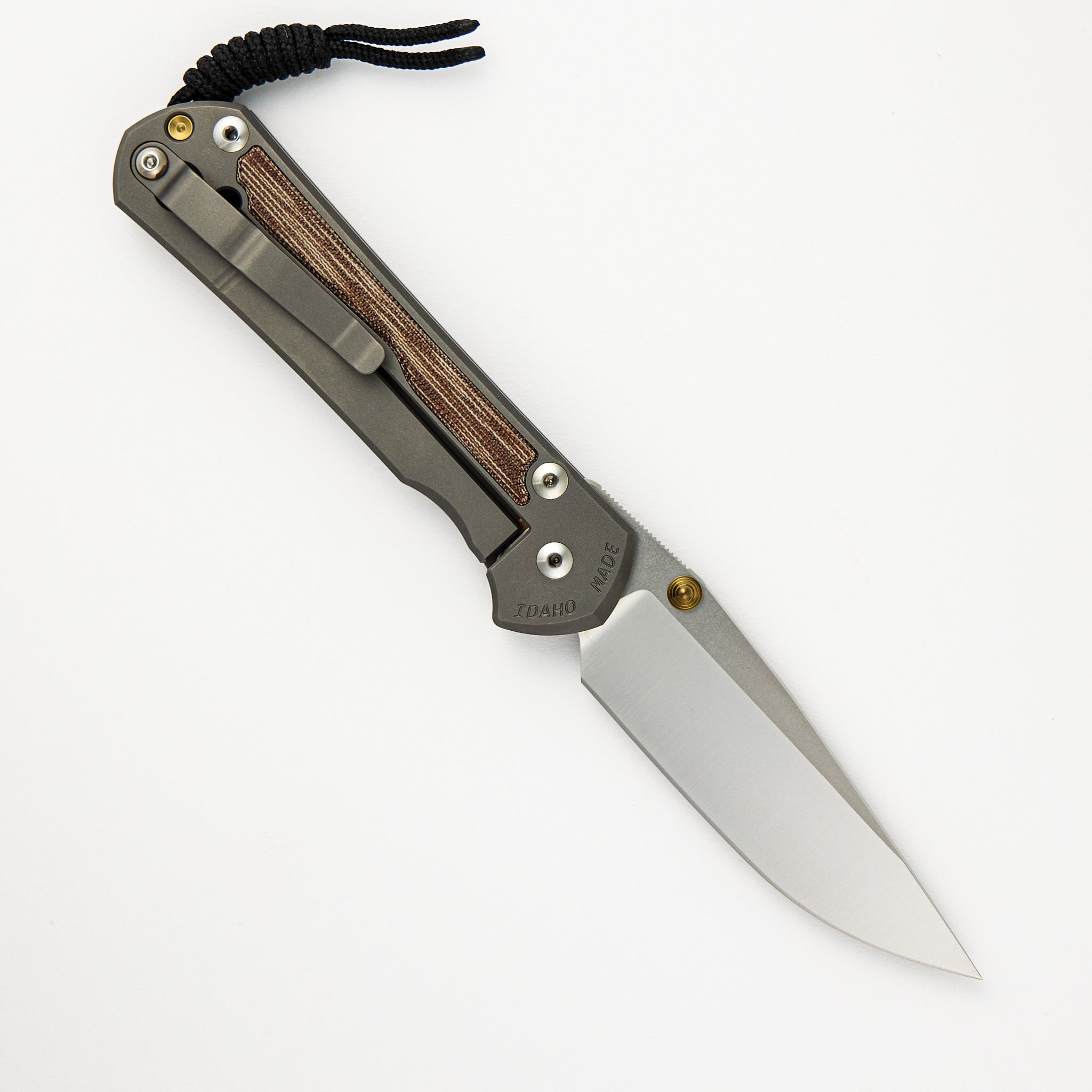 CHRIS REEVE LARGE SEBENZA 31 NATURAL CANVAS MICARTA INLAY – POLISHED CPM MAGNACUT BLADE – GLASS BLASTED – GOLD DOUBLE THUMB LUGS