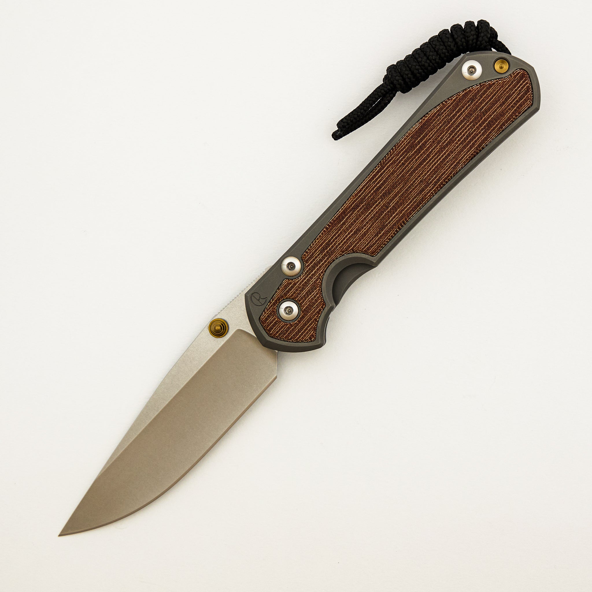 Large Sebenza 31 - Natural Canvas Micarta Inlay - Drop Point CPM MagnaCut Blade - Glass Blasted - Gold Double Thumb Lugs