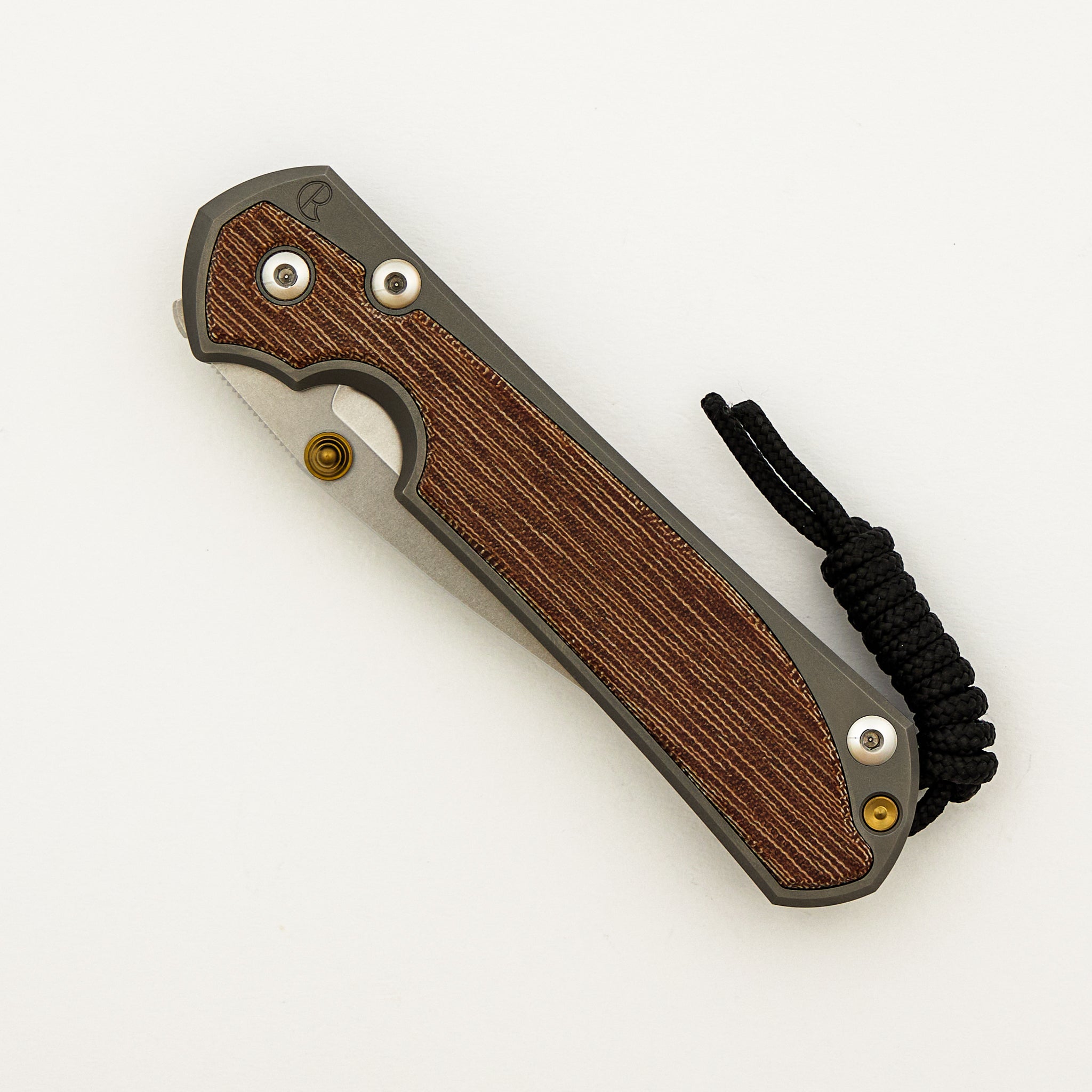 Large Sebenza 31 - Natural Canvas Micarta Inlay - Drop Point CPM MagnaCut Blade - Glass Blasted - Gold Double Thumb Lugs
