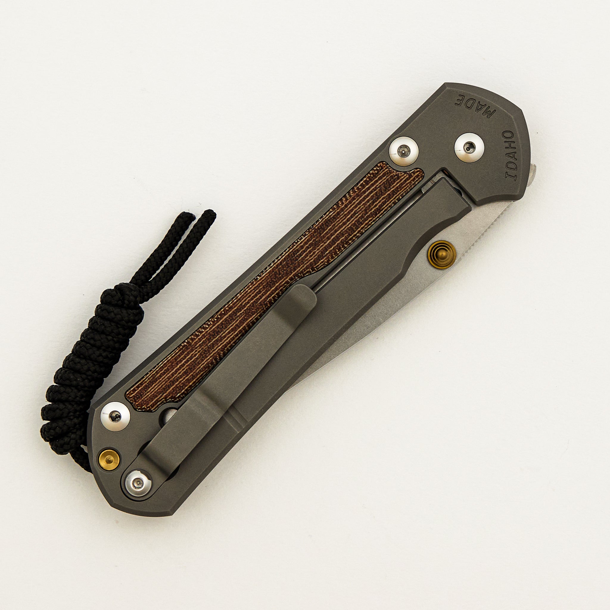 Large Sebenza 31 - Natural Canvas Micarta Inlay - Drop Point CPM MagnaCut Blade - Glass Blasted - Gold Double Thumb Lugs