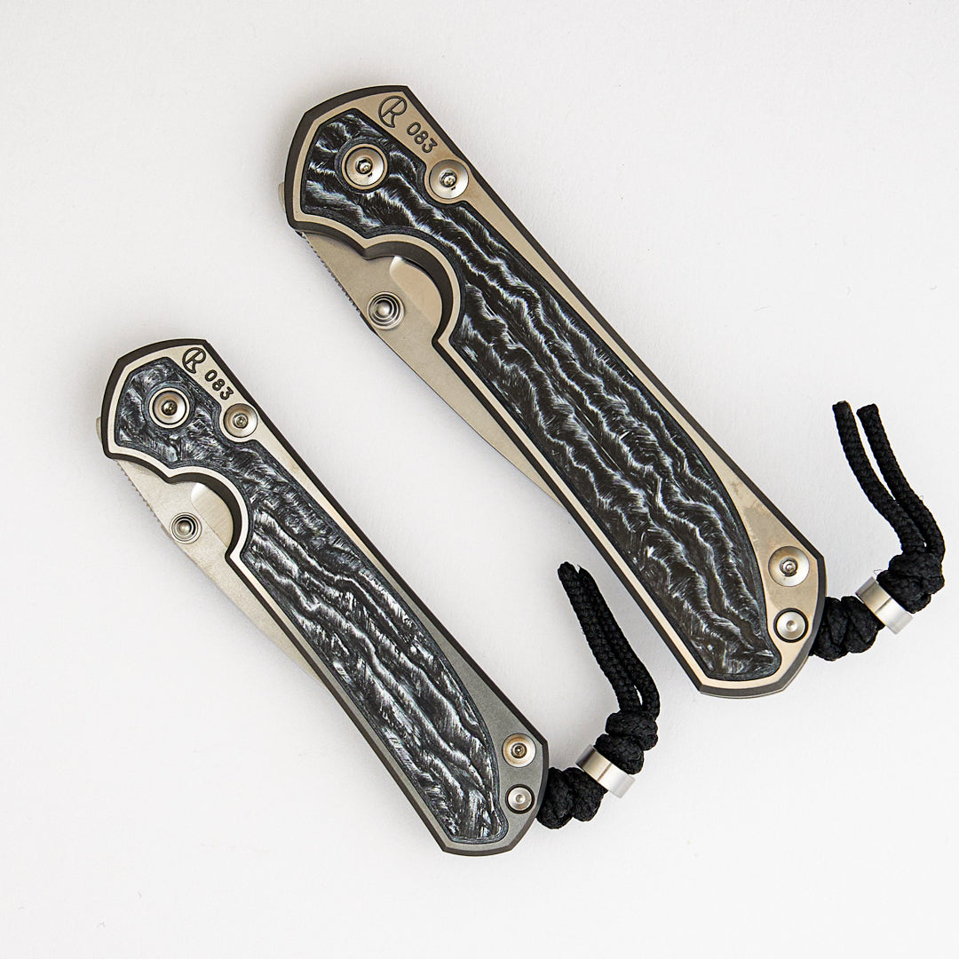 Large & Small Sebenza 31 Numbered Matched Set # 83 - White CarboTi Inlay - Polished Drop Point CPM MagnaCut Blade - Silver Double Lugs