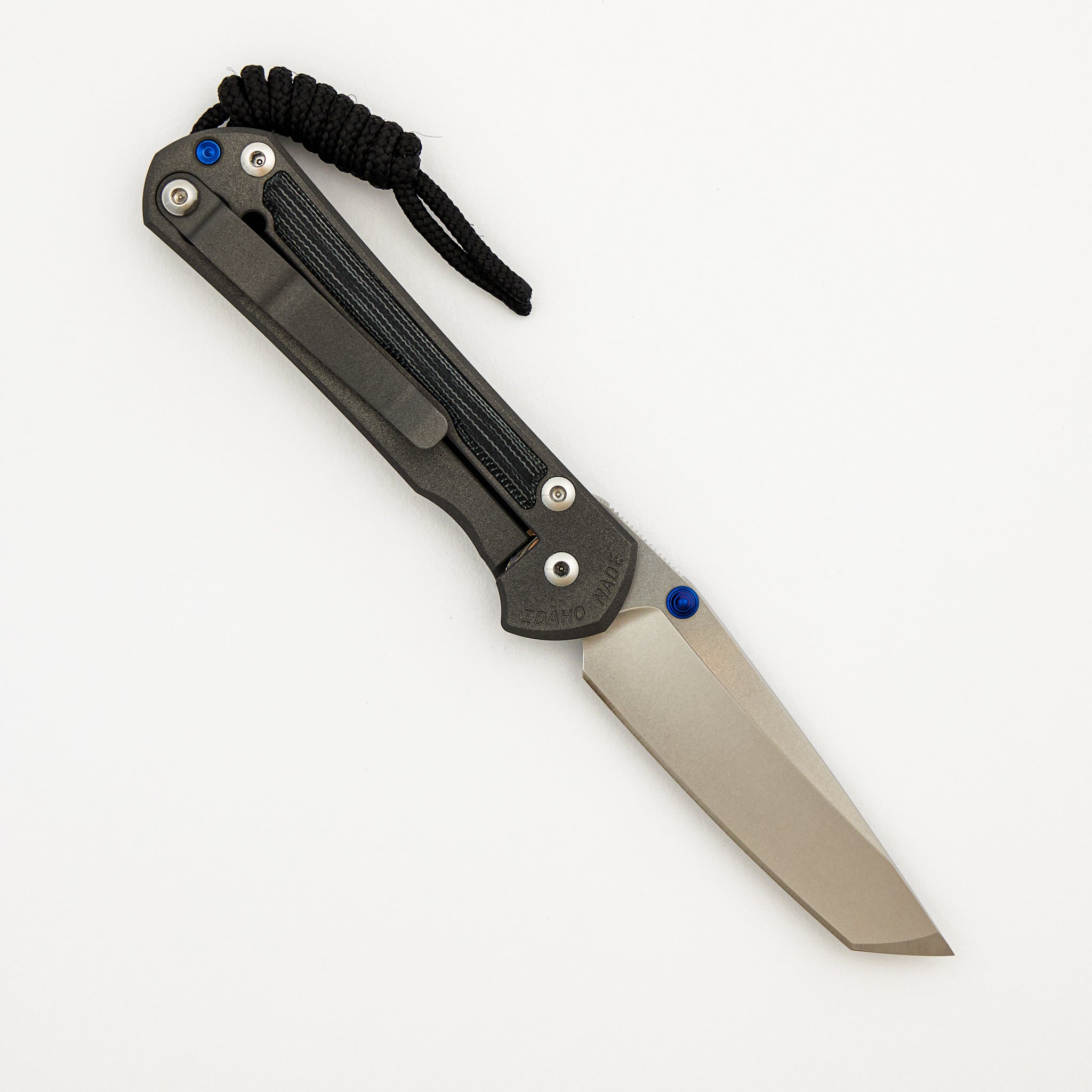 Small Sebenza 31 - Black Canvas Micarta Inlay - Tanto CPM MagnaCut Blade - Blue Double Thumb Lugs