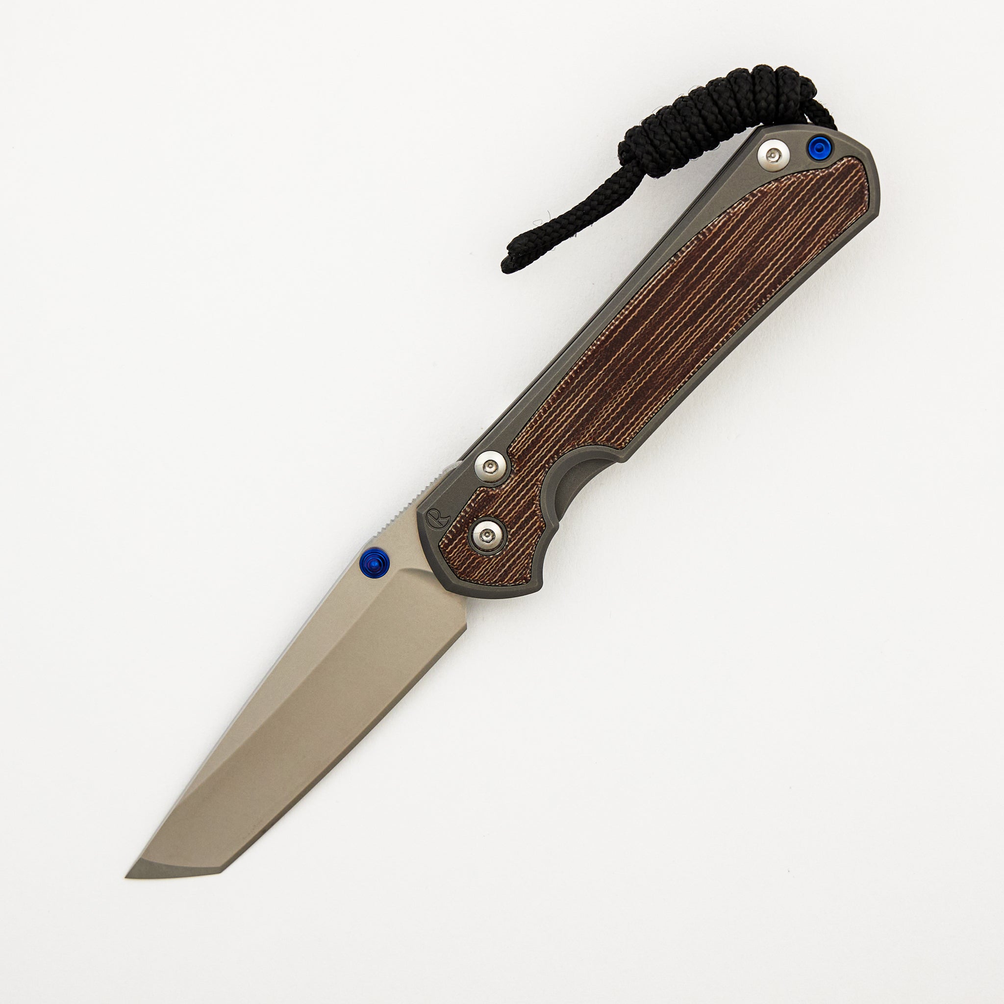 Small Sebenza 31 - Natural Canvas Micarta Inlay - Tanto CPM MagnaCut Blade - Glass Blasted - Blue Double Thumb Lugs