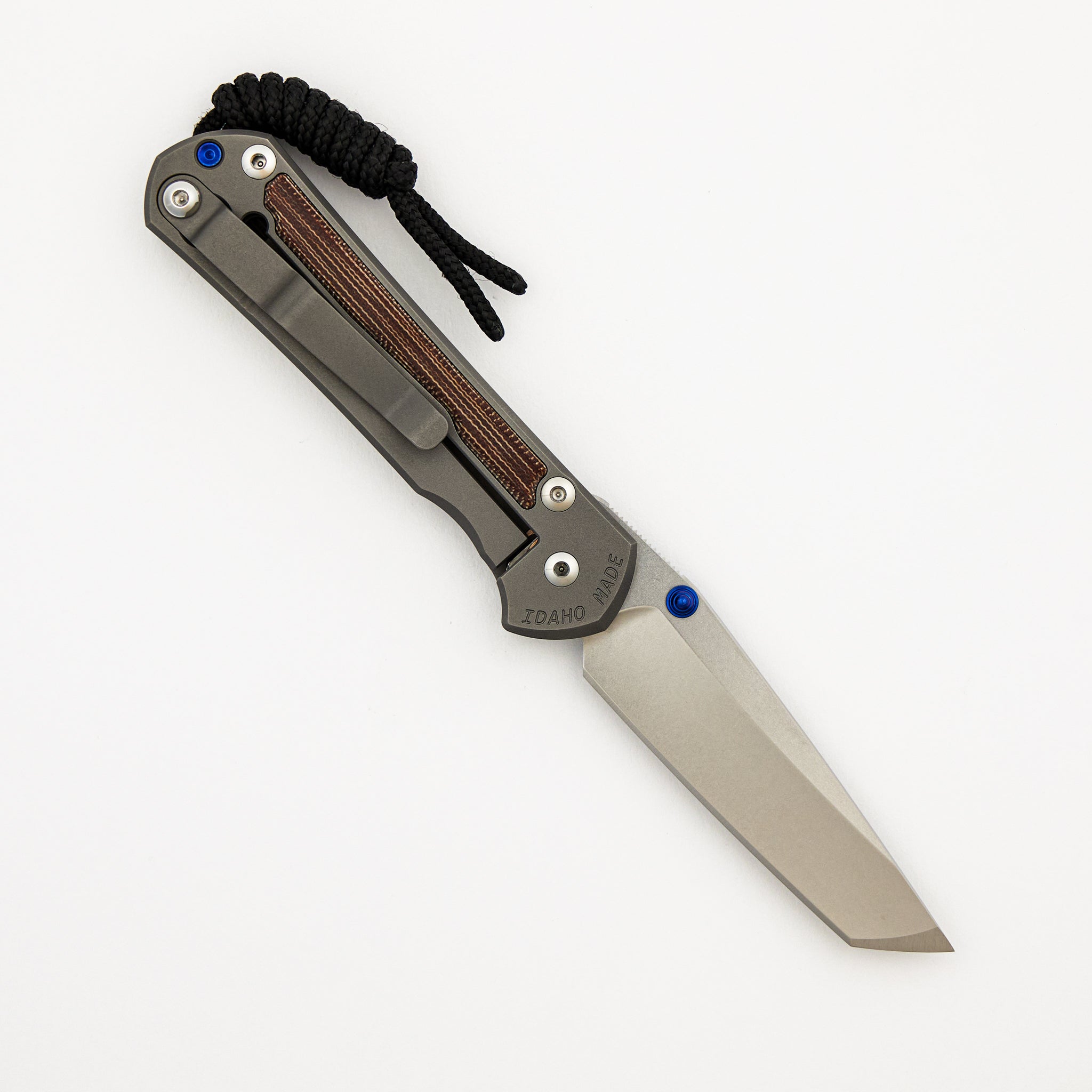 Small Sebenza 31 - Natural Canvas Micarta Inlay - Tanto CPM MagnaCut Blade - Glass Blasted - Blue Double Thumb Lugs