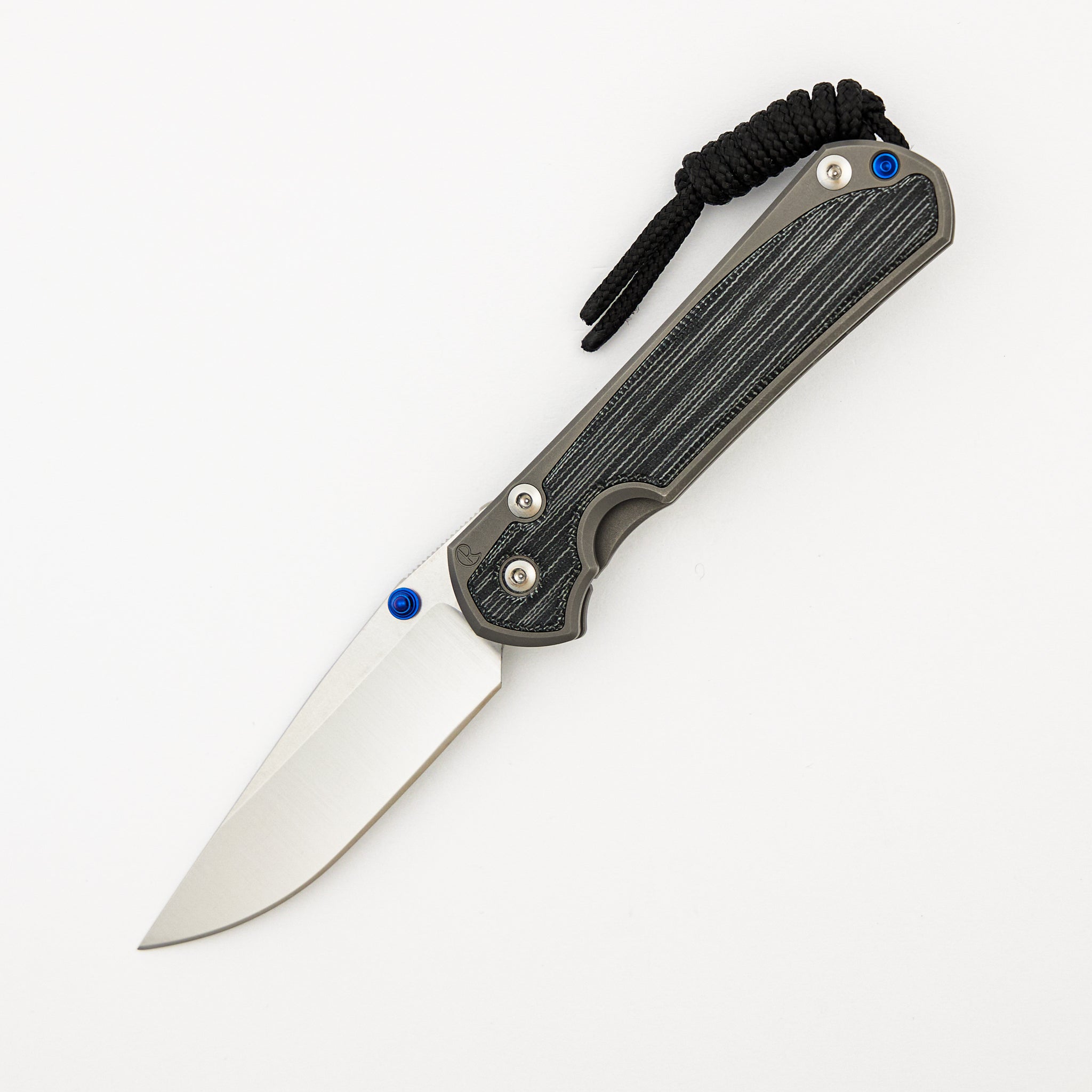 Small Sebenza 31 - Black Canvas Micarta Inlay - Polished Drop Point CPM MagnaCut Blade - Glass Blasted - Blue Double Thumb Lugs