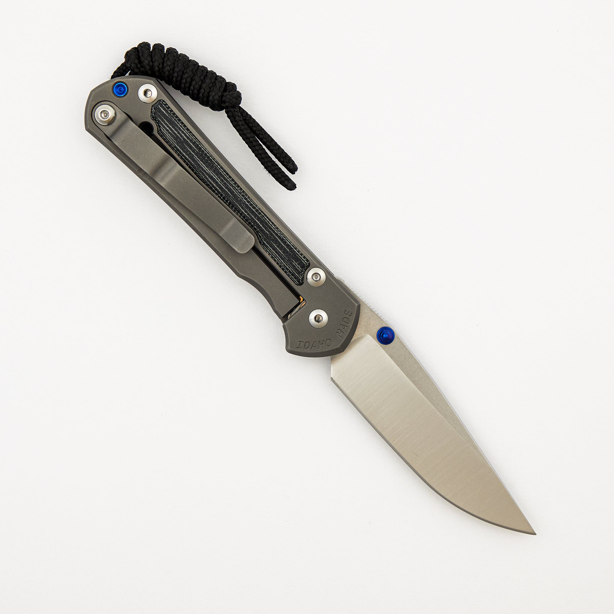 Small Sebenza 31 - Black Canvas Micarta Inlay - Polished Drop Point CPM MagnaCut Blade - Glass Blasted - Blue Double Thumb Lugs