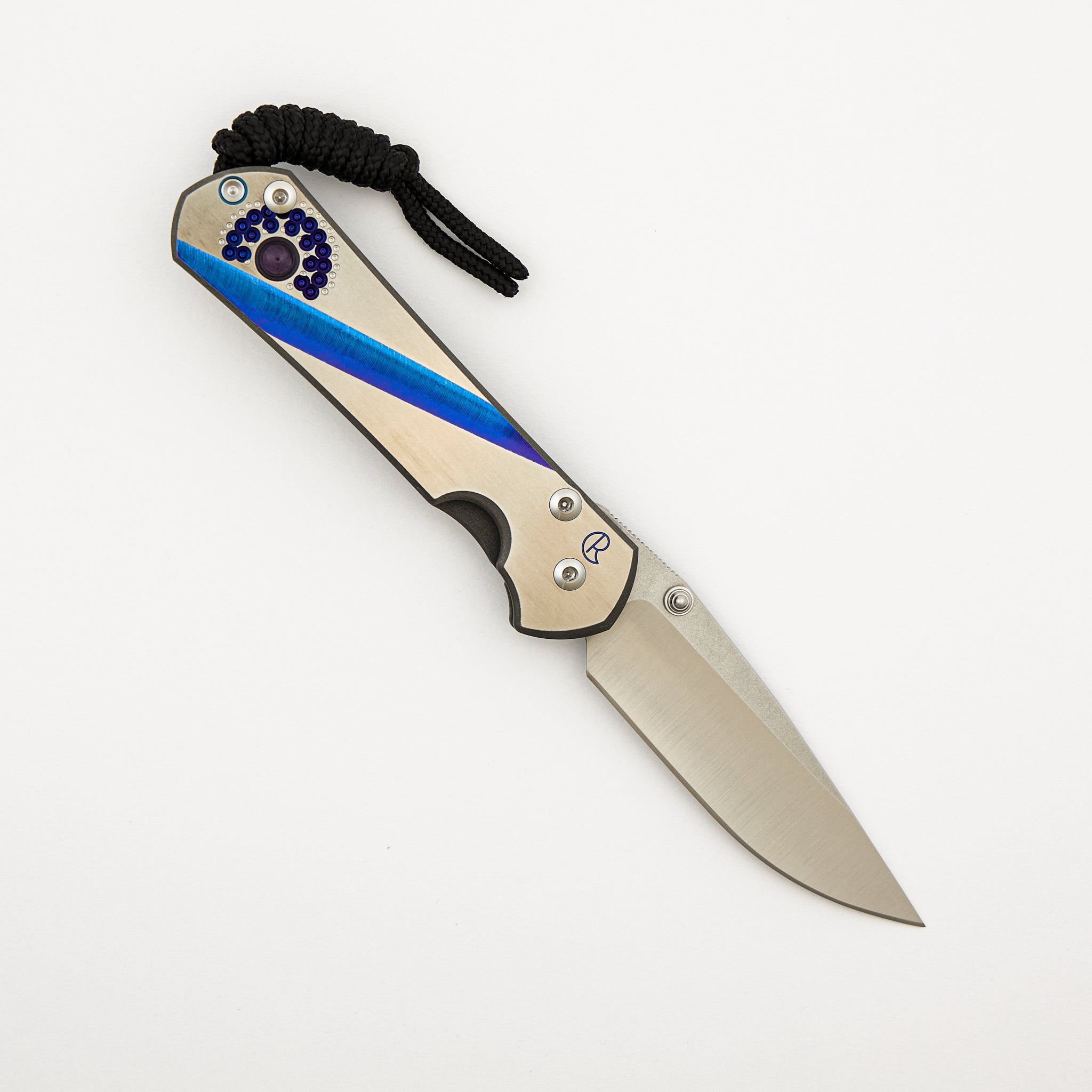 Small Sebenza 31 - Unique Graphic Left Handed - Drop Point CPM MagnaCut Blade - Amethyst - Silver Single Thumb Lug