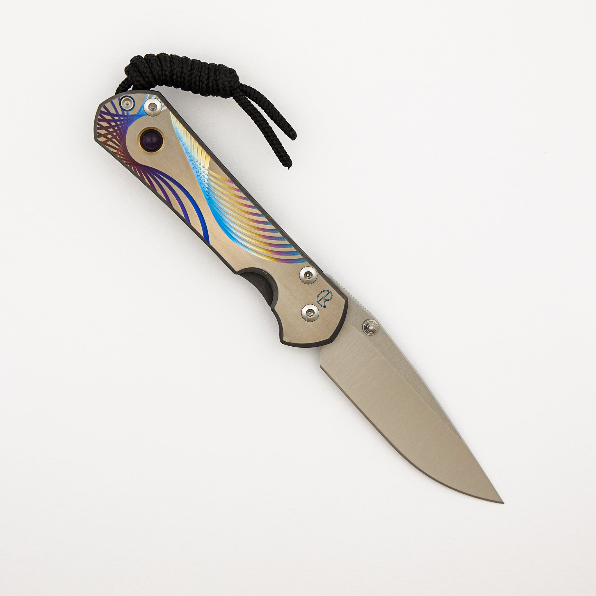 Small Sebenza 31 - Unique Graphic Left Handed - Drop Point CPM MagnaCut Blade - Amethyst - Silver Single Thumb Lug