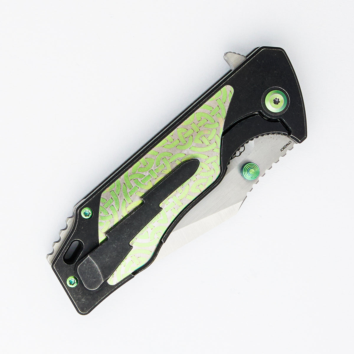 J-Cape V4 - CPM 20CV Blade - Black Titanium Handle - Silver/Green Celtic Titanium Inlays