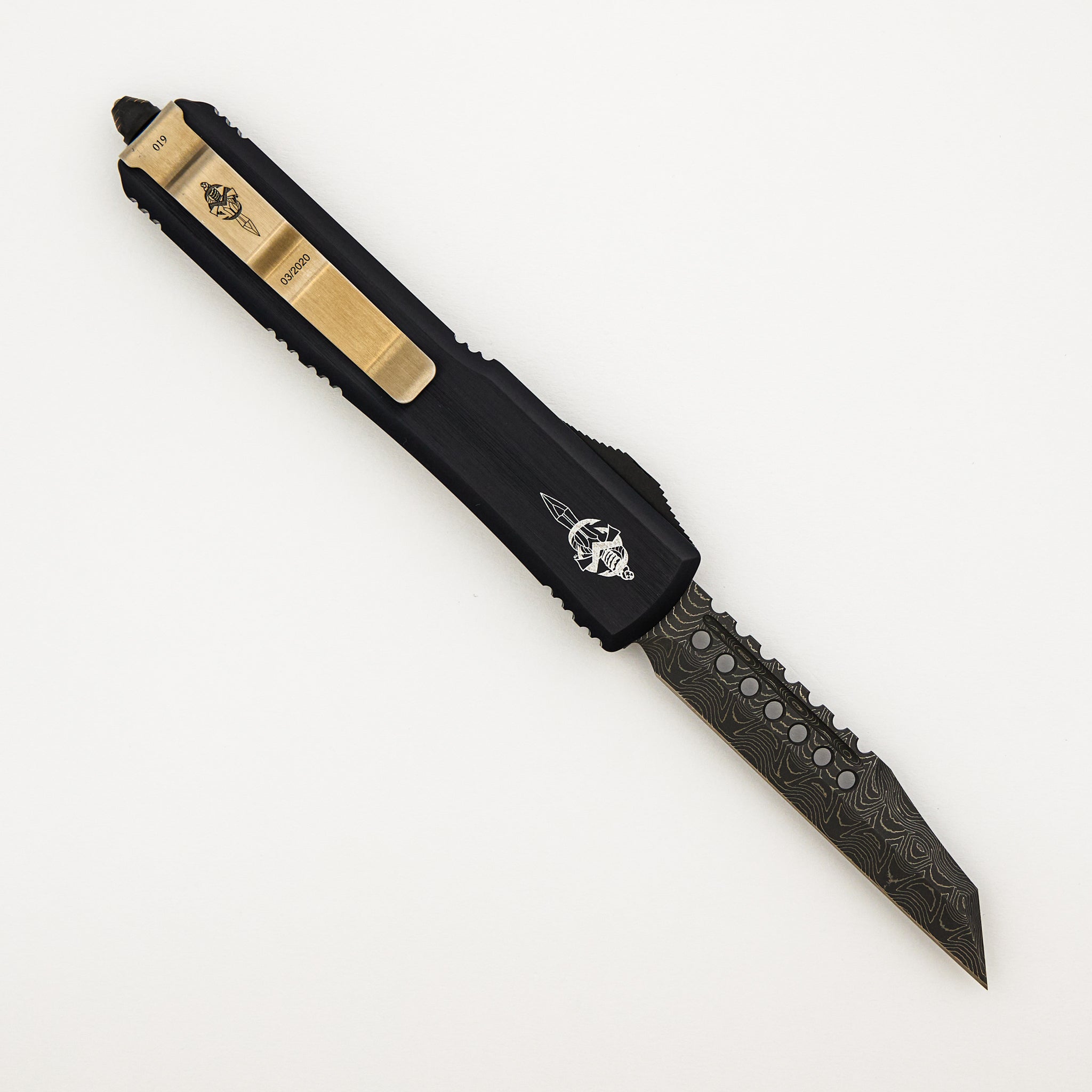 Marfione Custom Knives Ultratech - Warhound Vegas Forge Sharktooth Pattern - Hefted Anodized Alloy W/ Copper Ringed HW S/N 019