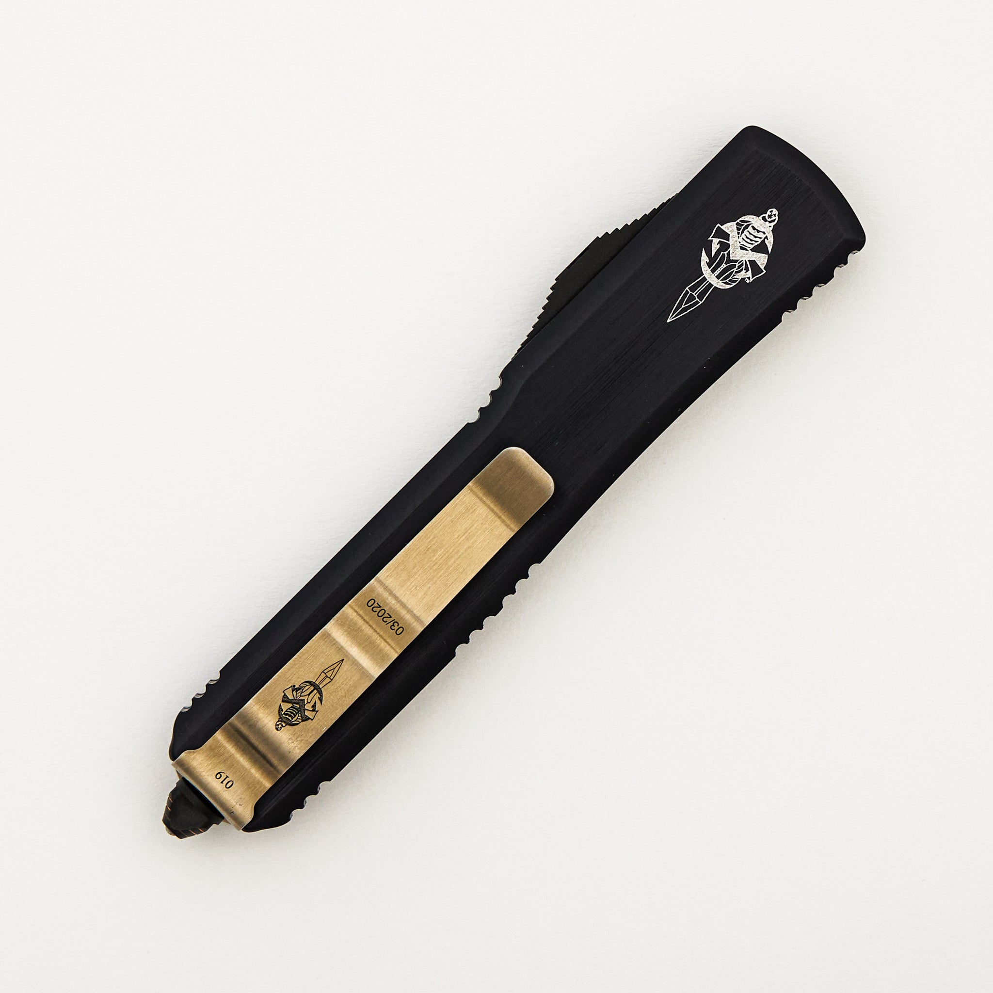 Marfione Custom Knives Ultratech - Warhound Vegas Forge Sharktooth Pattern - Hefted Anodized Alloy W/ Copper Ringed HW S/N 019