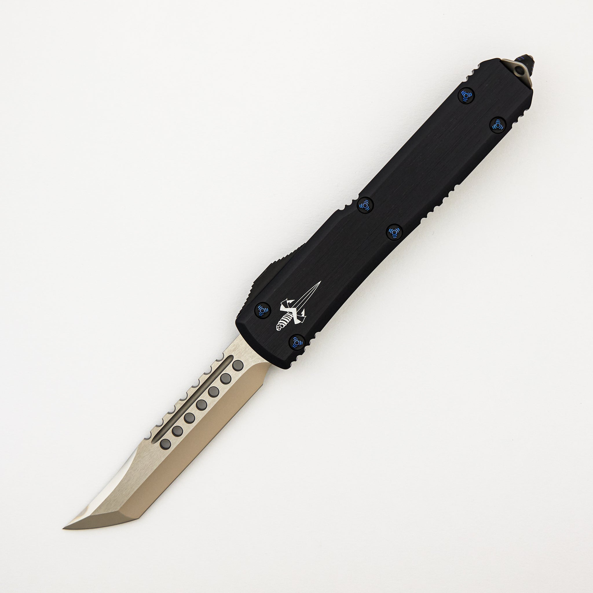 Marfione Custom Knives Ultratech - Hellhound Tanto Mirror Polish - Anodized Hefted Alloy W/ Blue Ringed Titanium HW