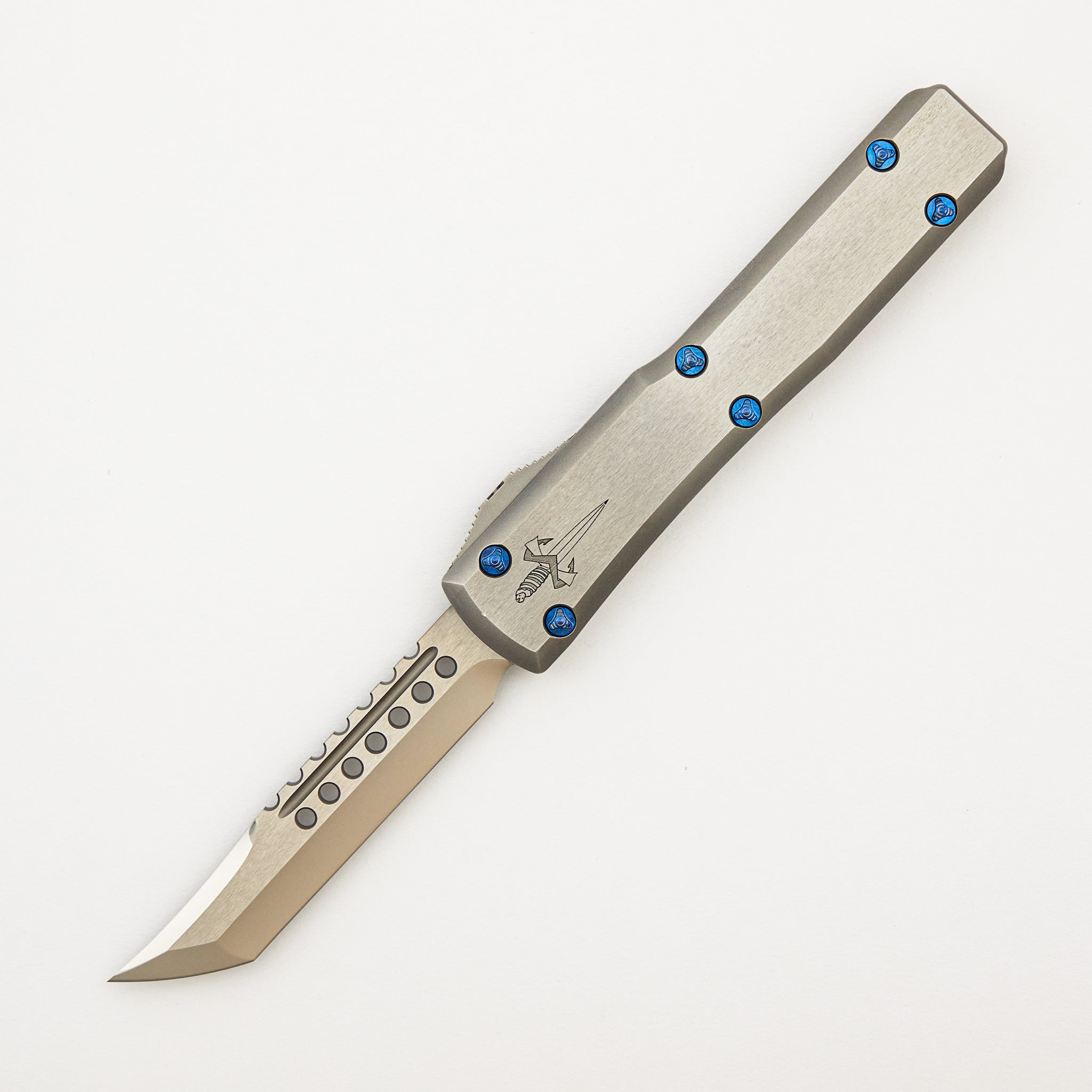 Marfione Custom Knives Ultratech - Hellhound Tanto Mirror Polish - Two-Tone Double Vapor Blast Stainless Steel W/ Ringed Blue HW S/N 005