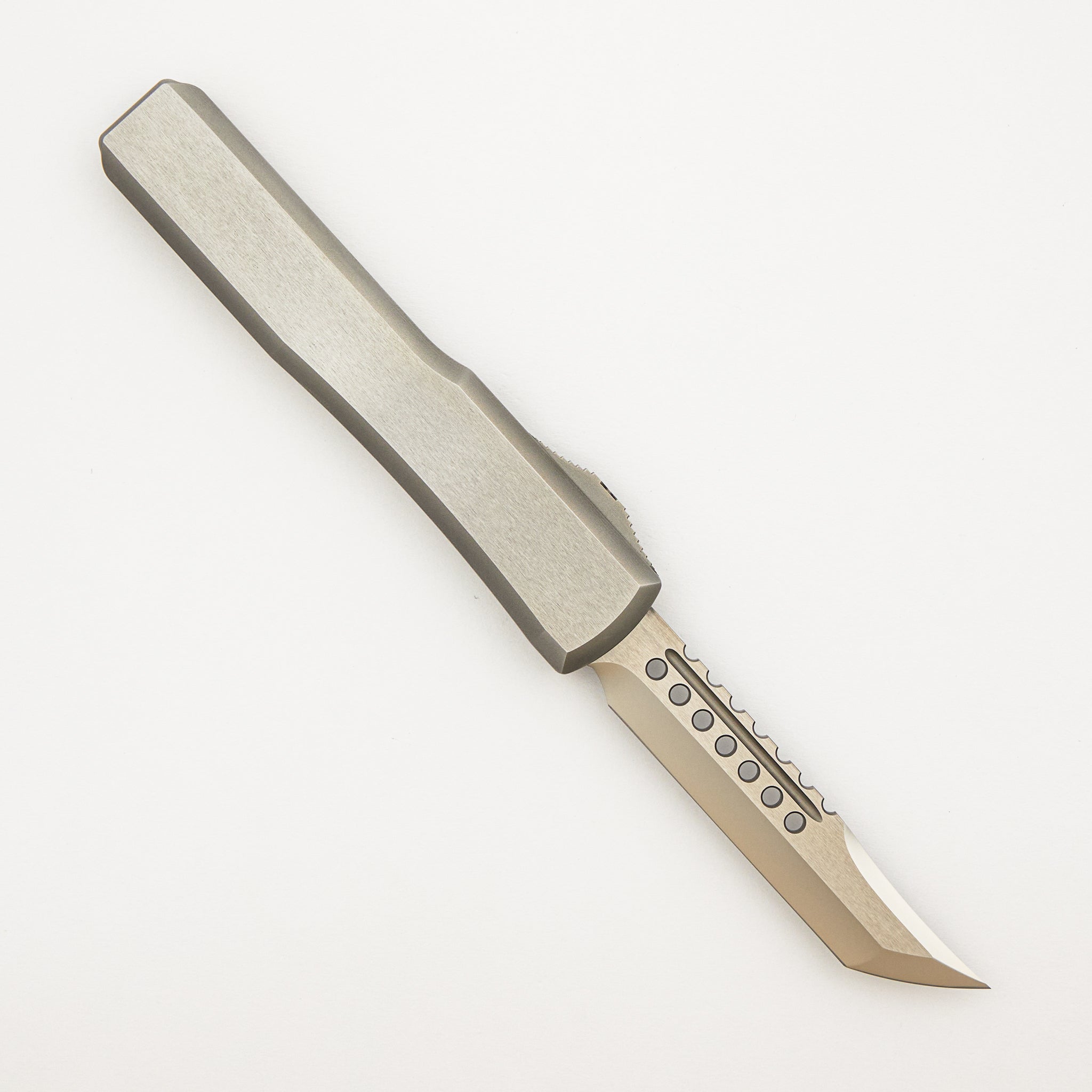 Marfione Custom Knives Ultratech - Hellhound Tanto Mirror Polish - Two-Tone Double Vapor Blast Stainless Steel W/ Ringed Blue HW S/N 005