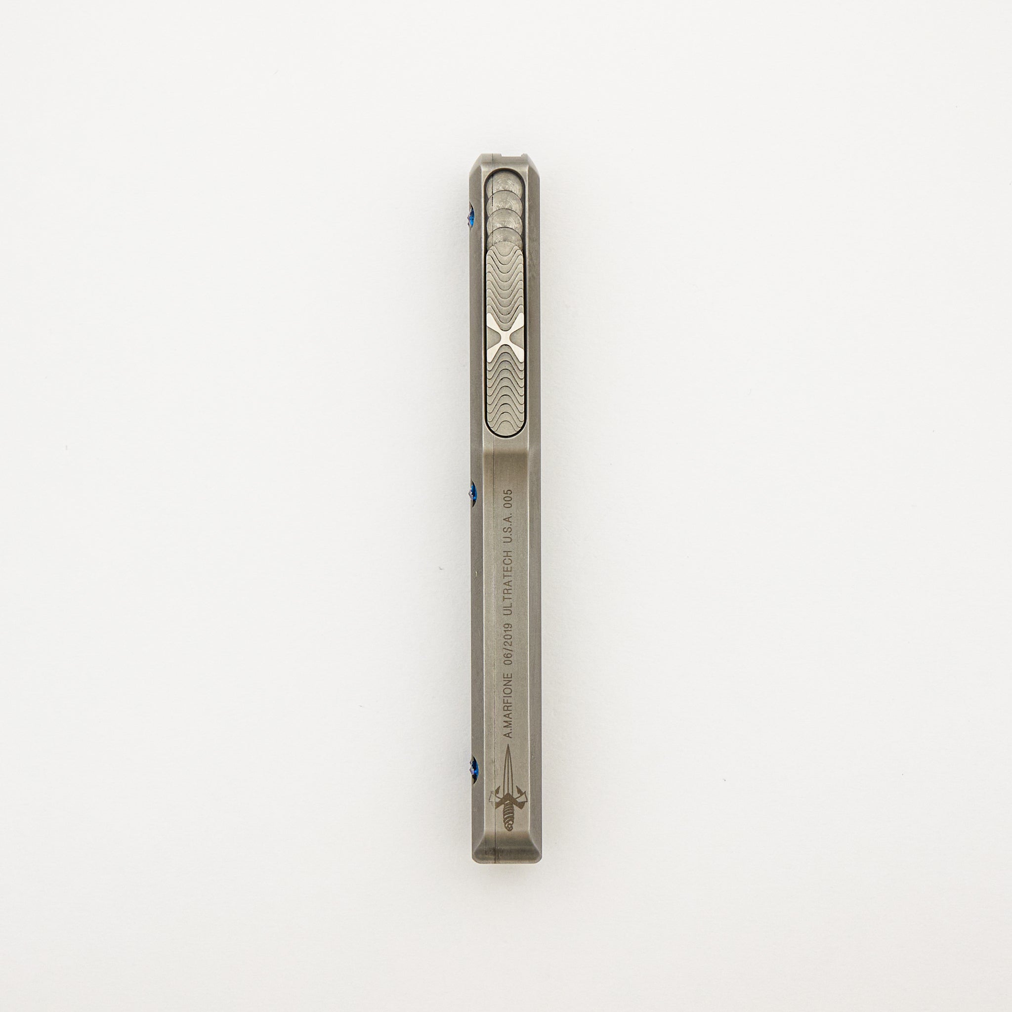 Marfione Custom Knives Ultratech - Hellhound Tanto Mirror Polish - Two-Tone Double Vapor Blast Stainless Steel W/ Ringed Blue HW S/N 005