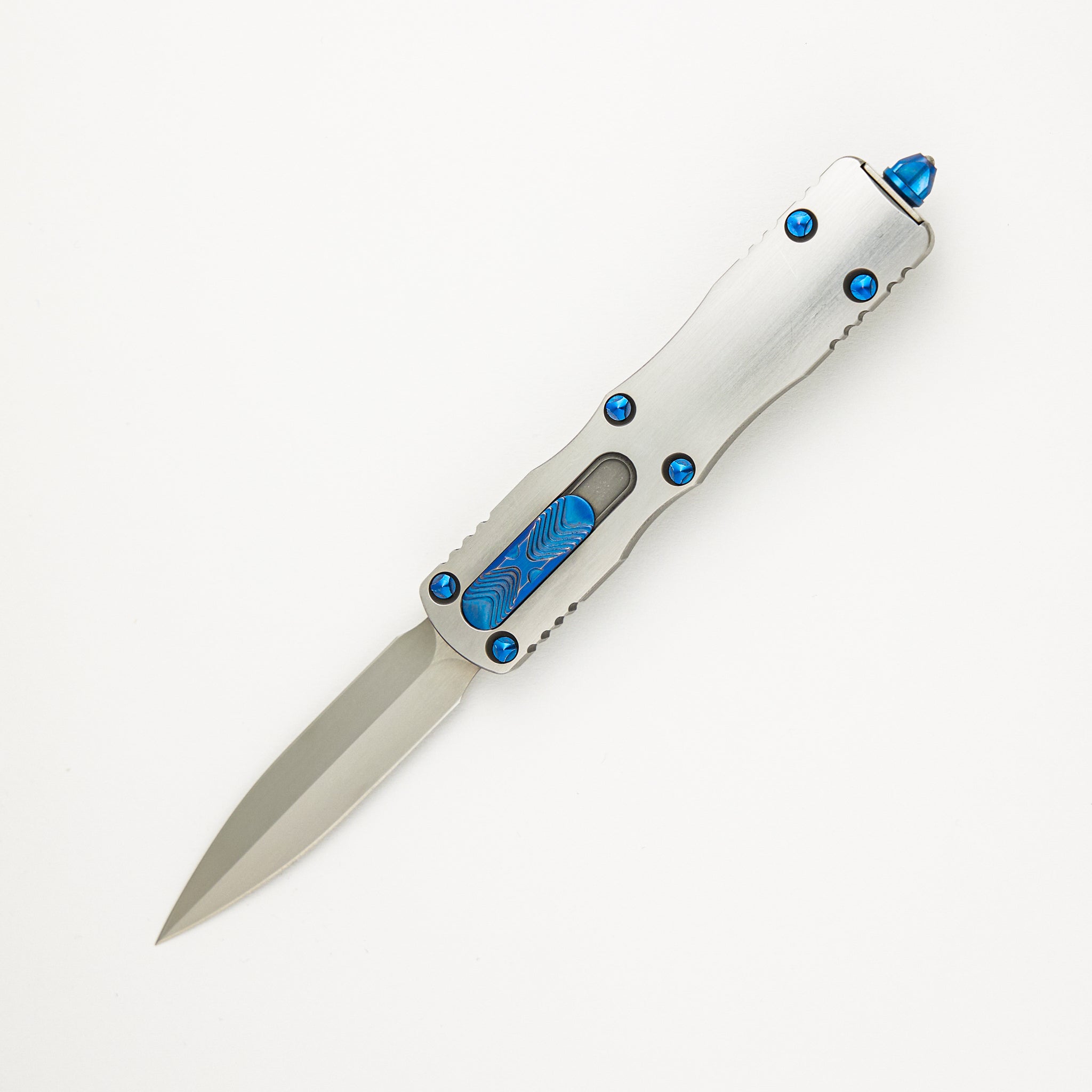 Marfione Custom Knives Dirac - D/E Two-Tone Satin Blade - Two-Tone Stainless Steel W/ Blue S/N 007