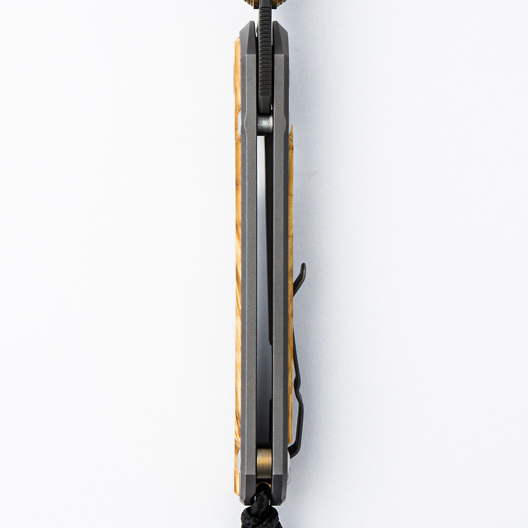 Large Sebenza 31 - Box Elder Inlay - Drop Point Boomerang Blade - Glass Blasted - Gold Double Thumb Lugs