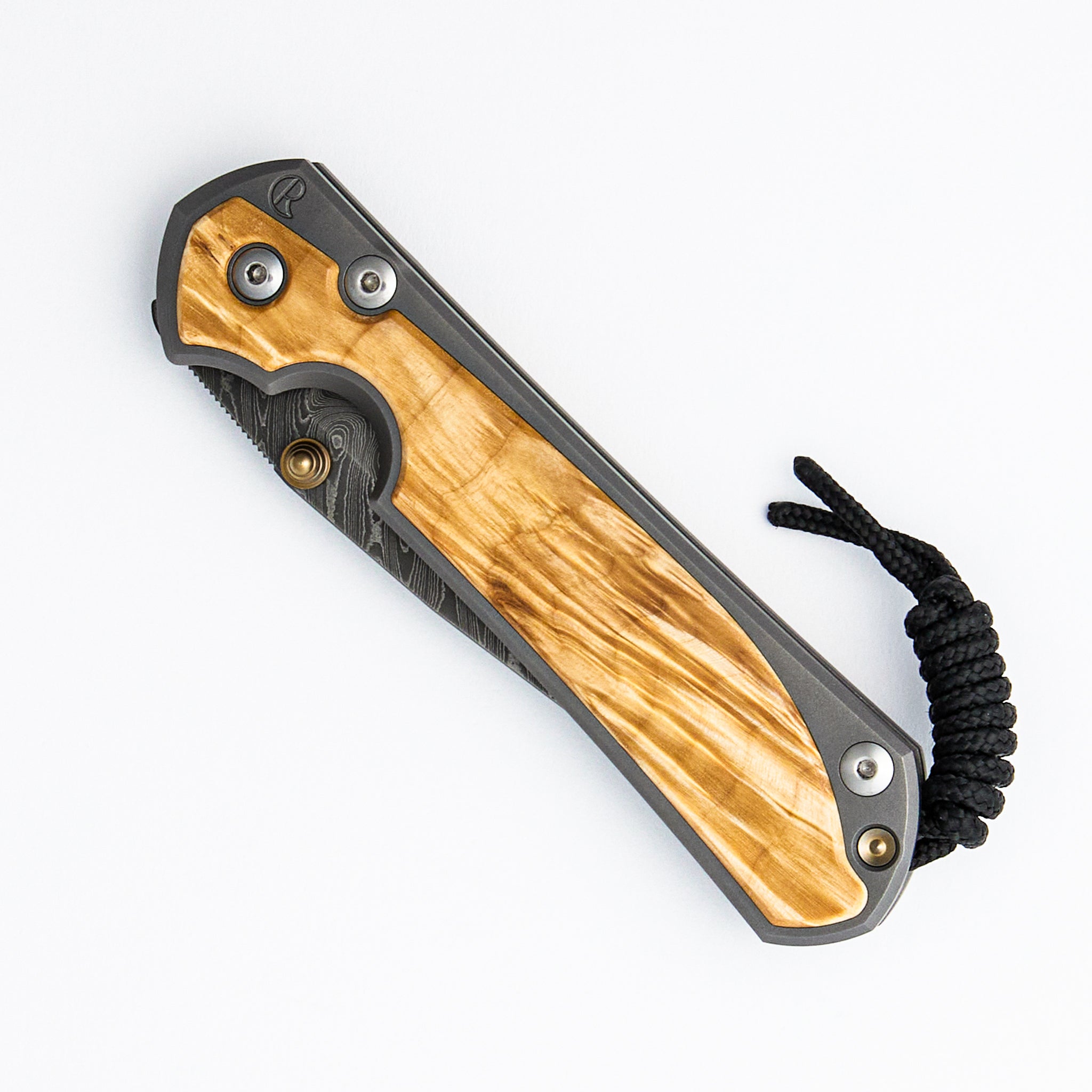 Large Sebenza 31 - Box Elder Inlay - Drop Point Boomerang Blade - Glass Blasted - Gold Double Thumb Lugs