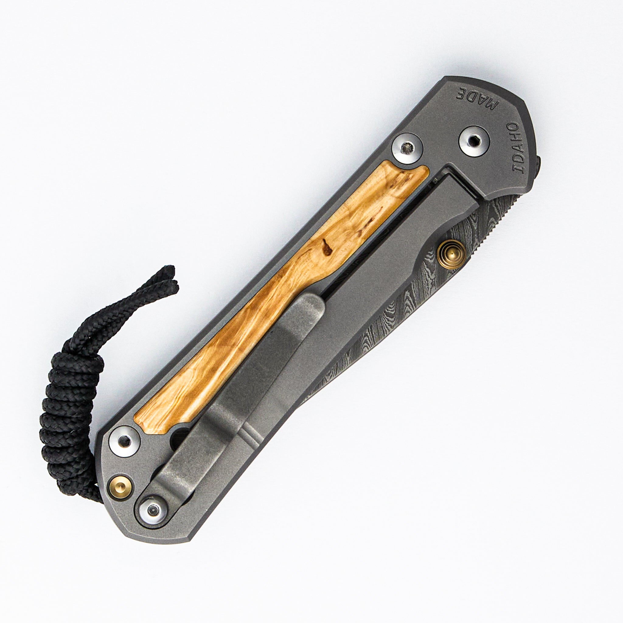 Large Sebenza 31 - Box Elder Inlay - Drop Point Boomerang Blade - Glass Blasted - Gold Double Thumb Lugs