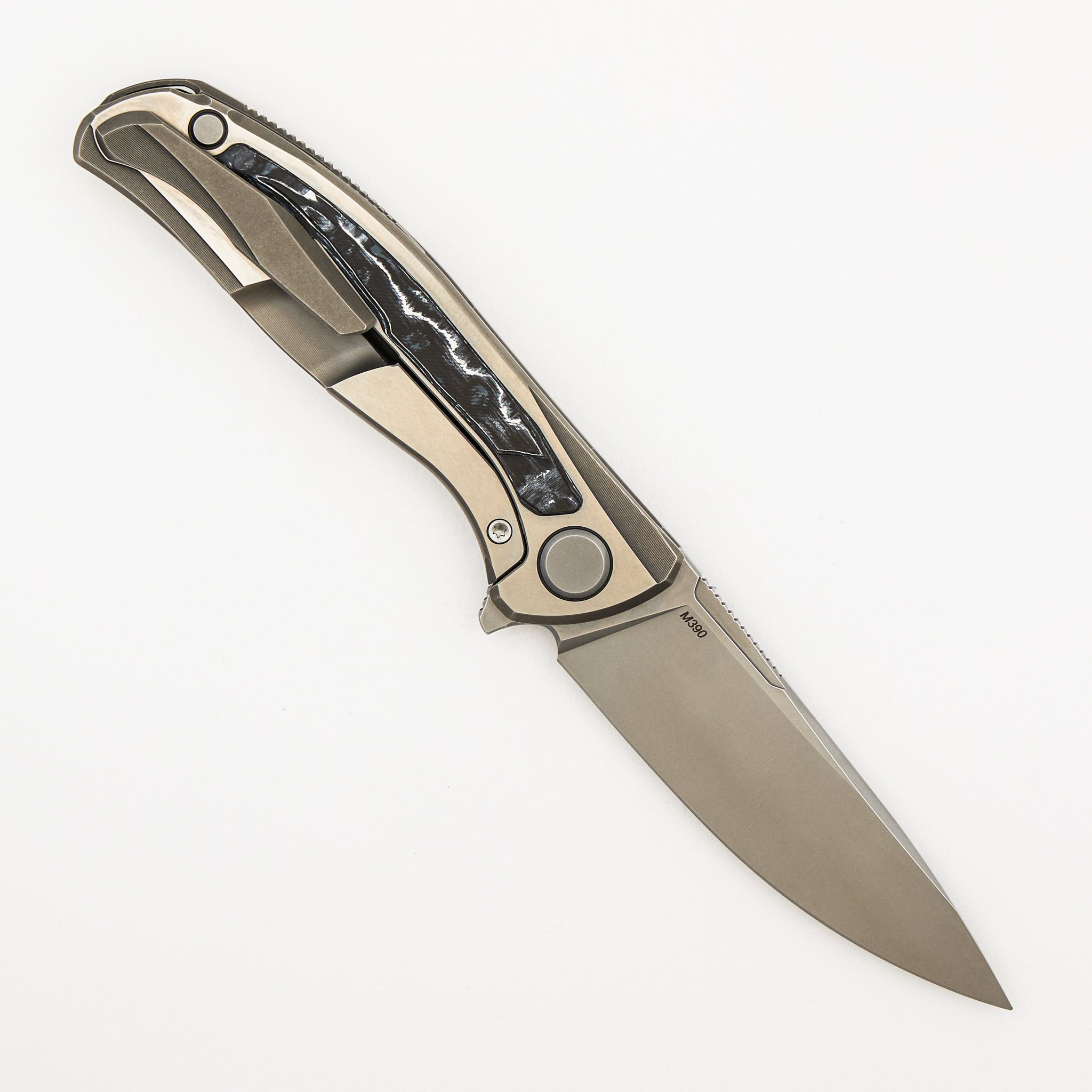 F95R NL - M390 Blade - Titanium Handle - White Storm Carbon Fiber Inlays - MRBS