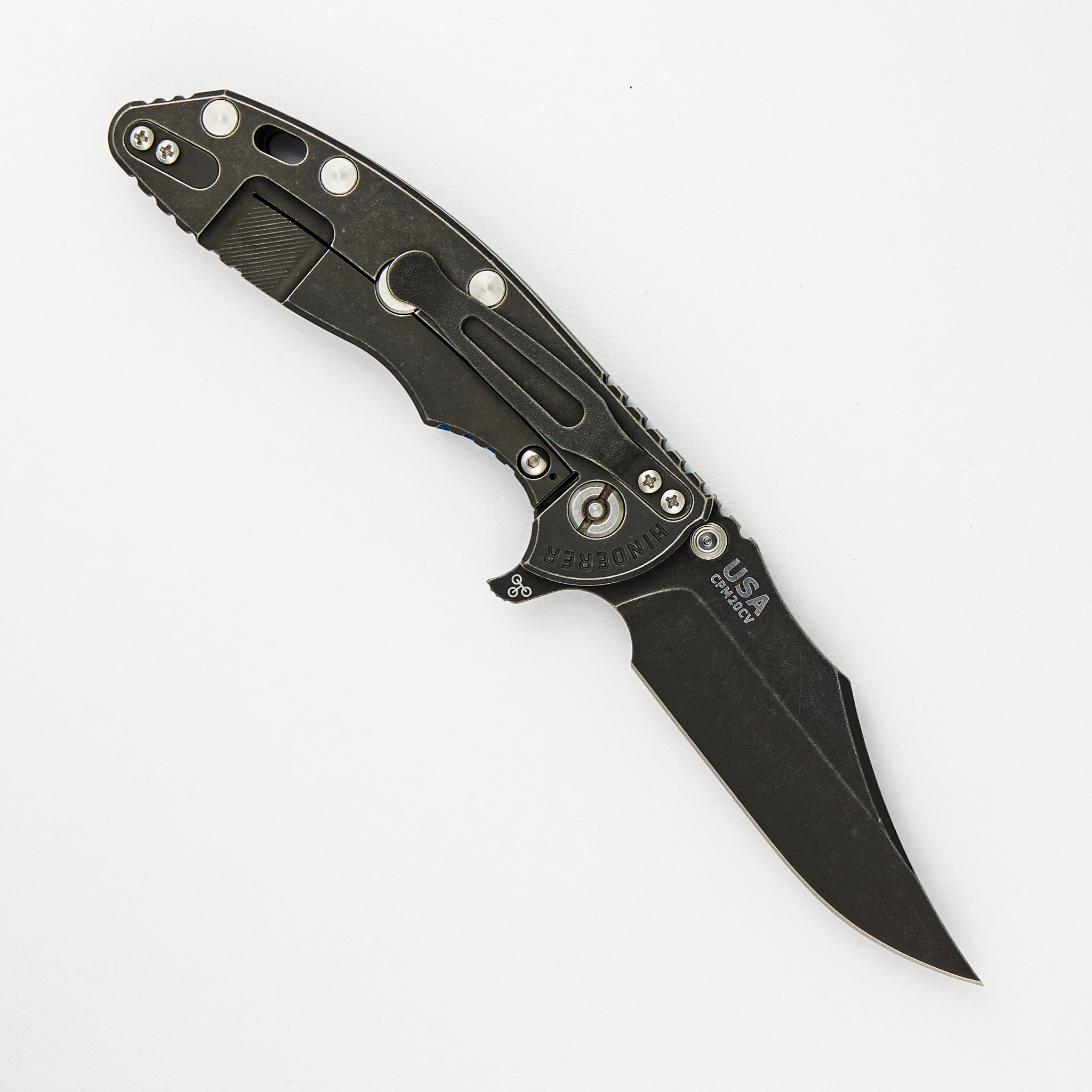 Hinderer Knives XM-18 3.5" Bowie CPM 20CV Blade - Tri-Way - Battle Black - Blue/Black G10