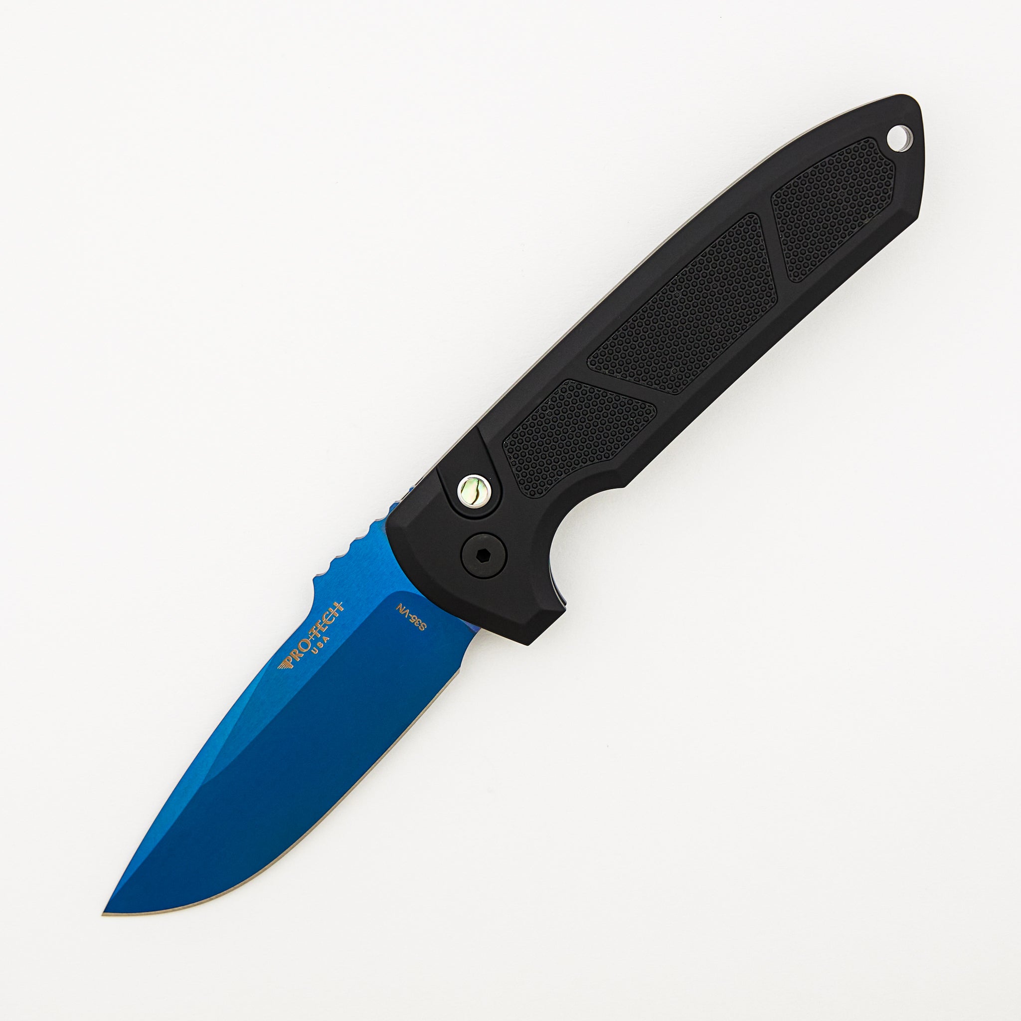 Rockeye Auto - LG307-SB - Textured Black Aluminum Handle - Sapphire Blue S35VN Blade (Les George Design)