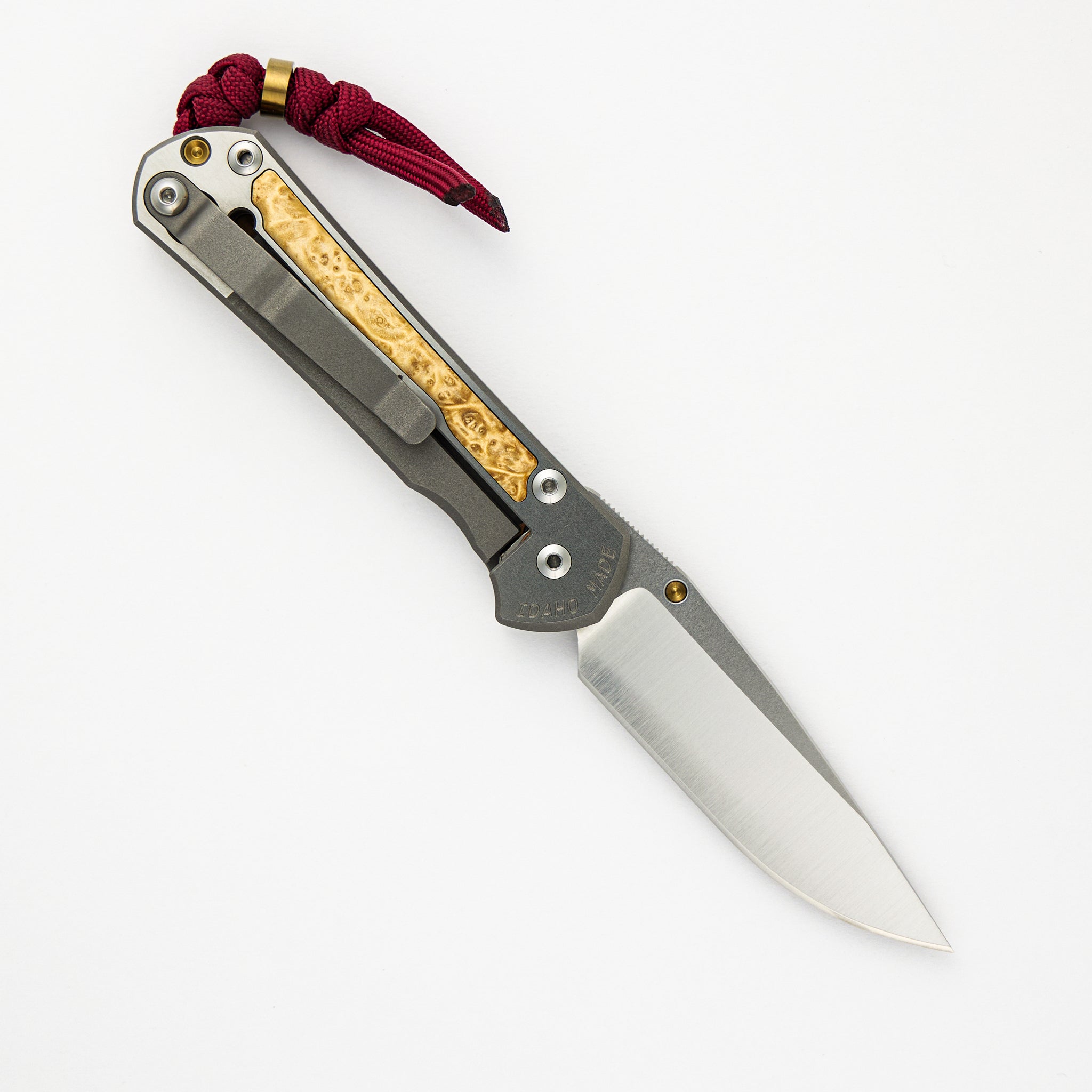 Small Sebenza 31 - Titanium Handle W/ Box Elder Inlays - Polished Drop Point CPM S45VN Blade - Gold Single Lug